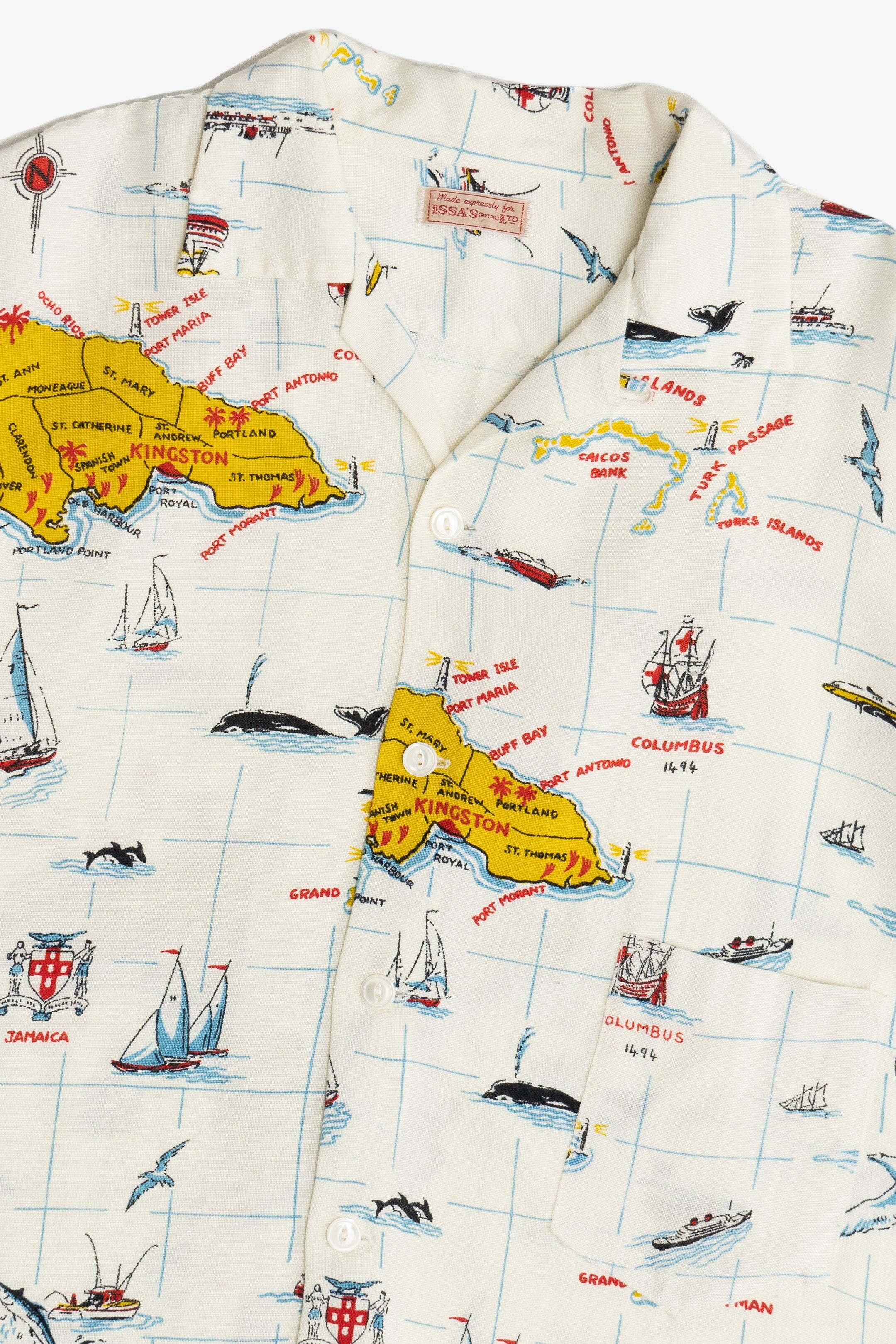 Rare Vintage Hawaiian Shirt With Loop Collar Issa's (Retail) Ltd Jamaica Nautical Map 40/50s