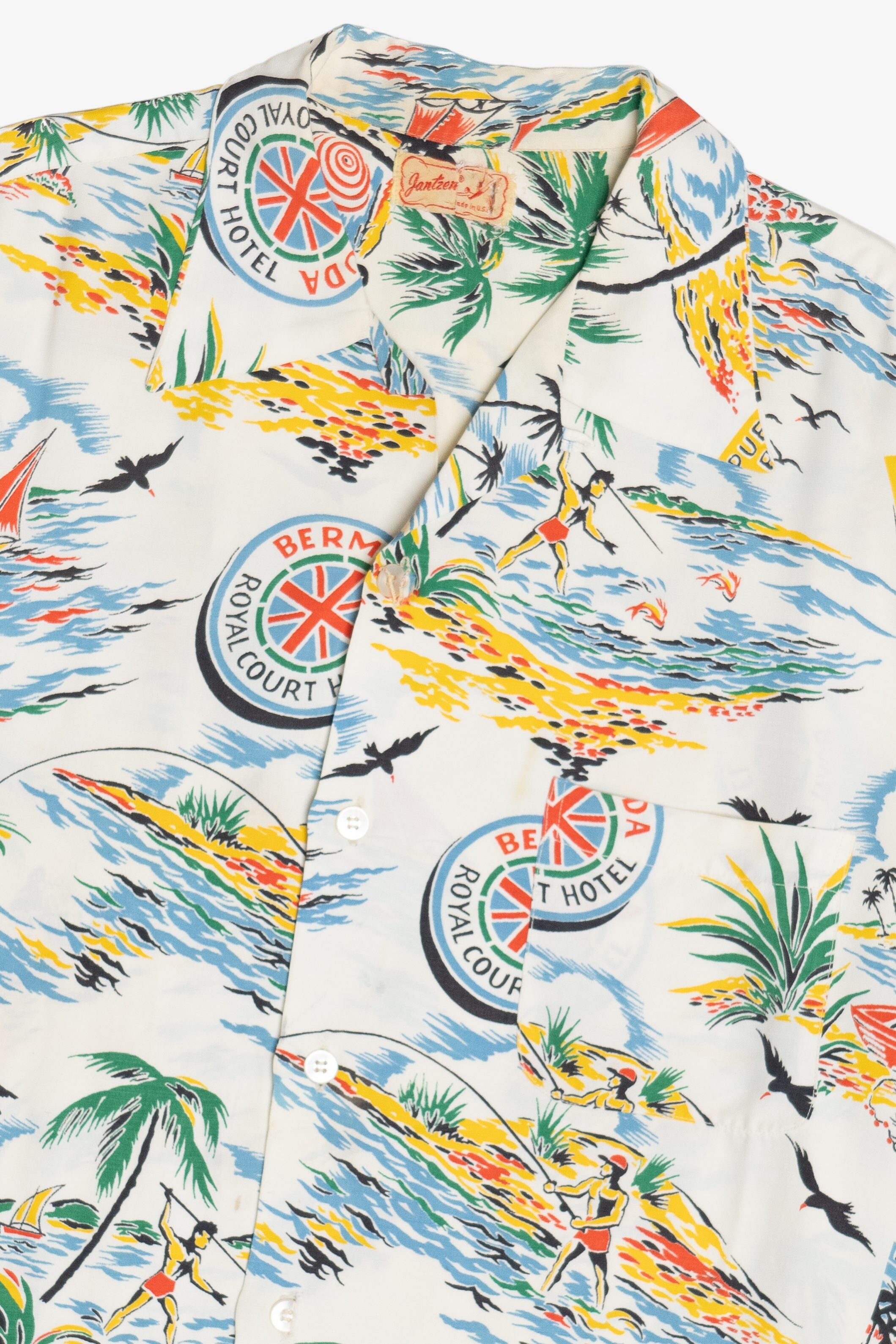 Rare Vintage Hawaiian Shirt With Loop Collar Jantzen Bermuda Court Hotel Made In USA 40/50s