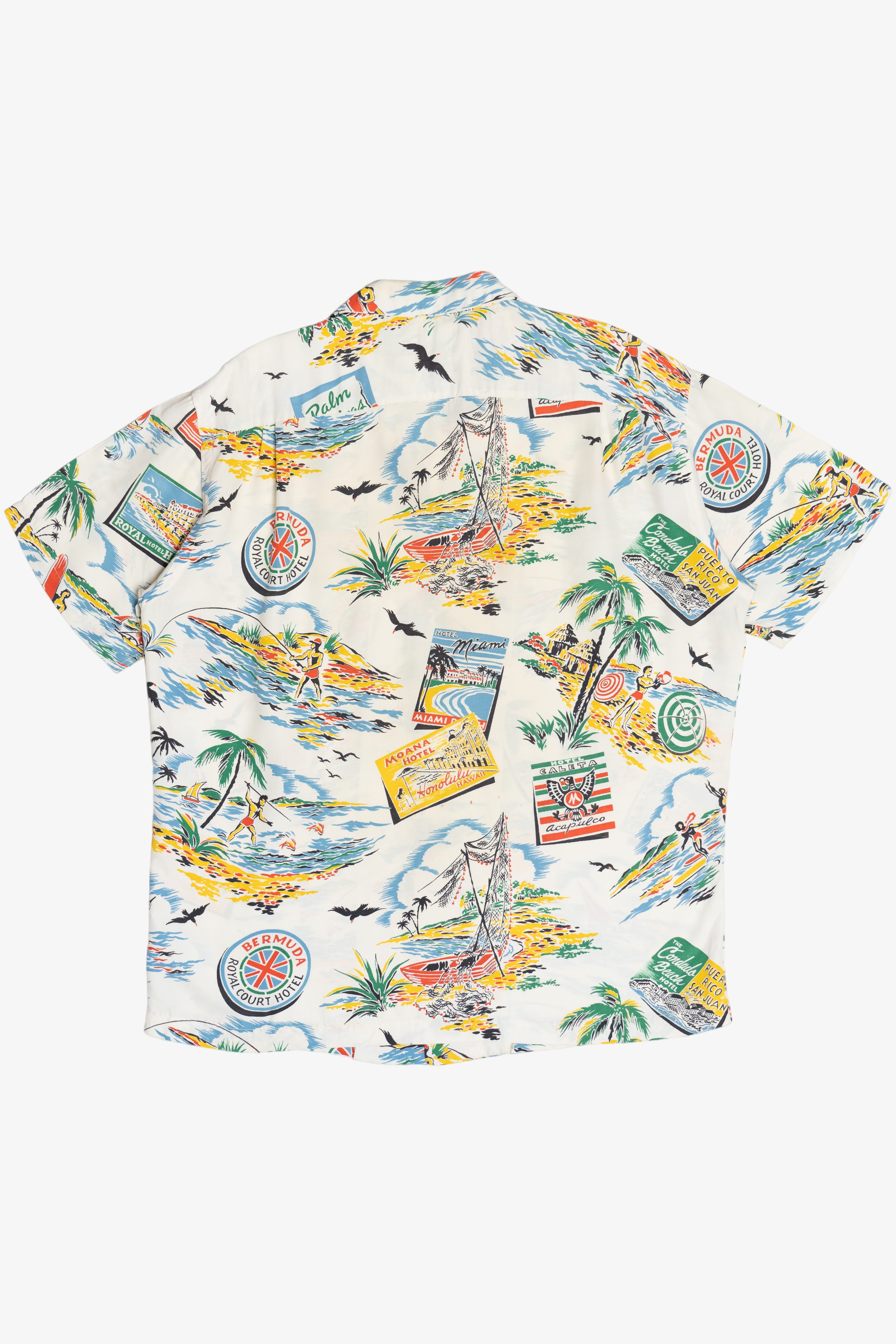 Rare Vintage Hawaiian Shirt With Loop Collar Jantzen Bermuda Court Hotel Made In USA 40/50s