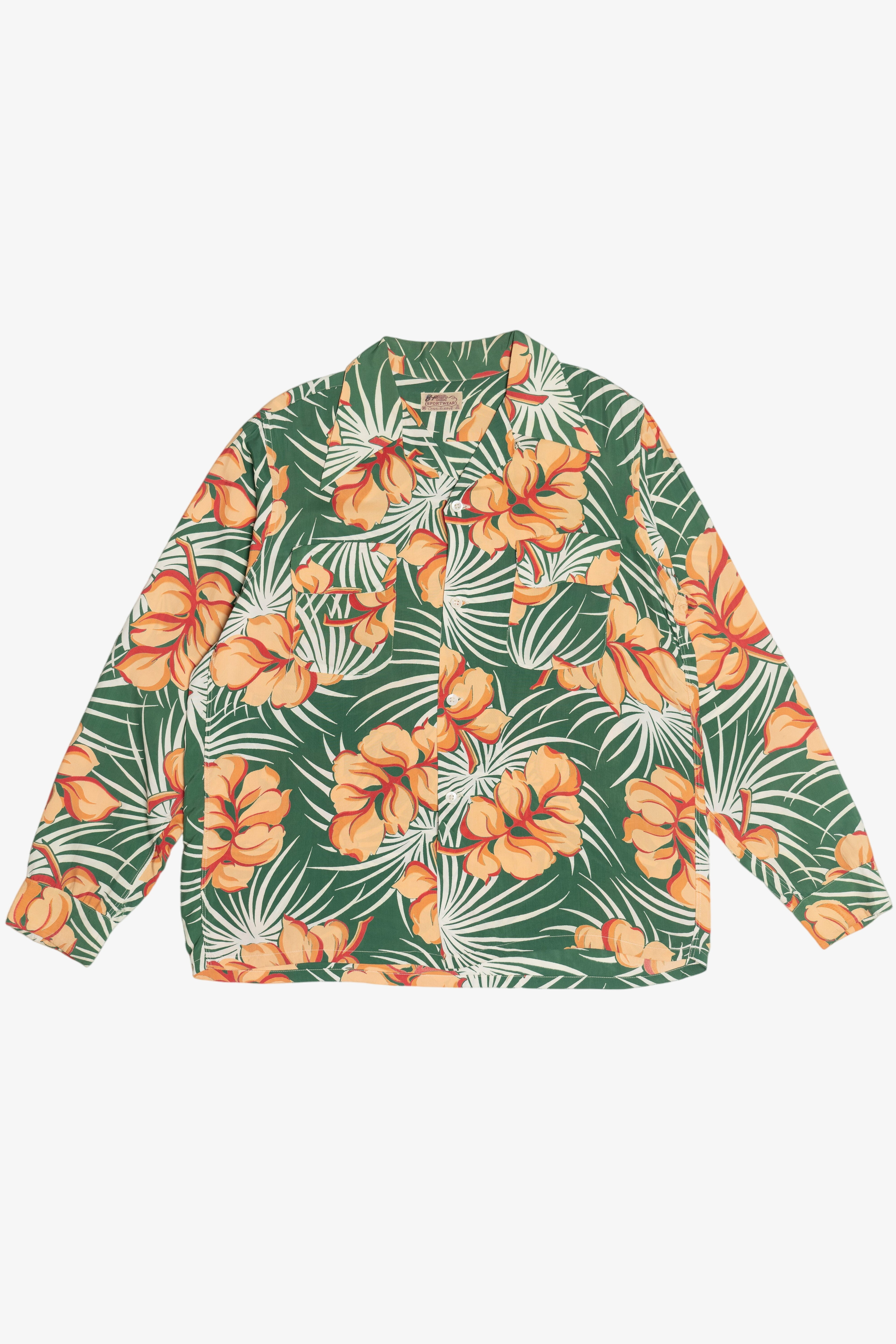 Rare Vintage Hawaiian Shirt With Loop Collar And Double Pockets Sportwear Long-Sleeve 40/50s
