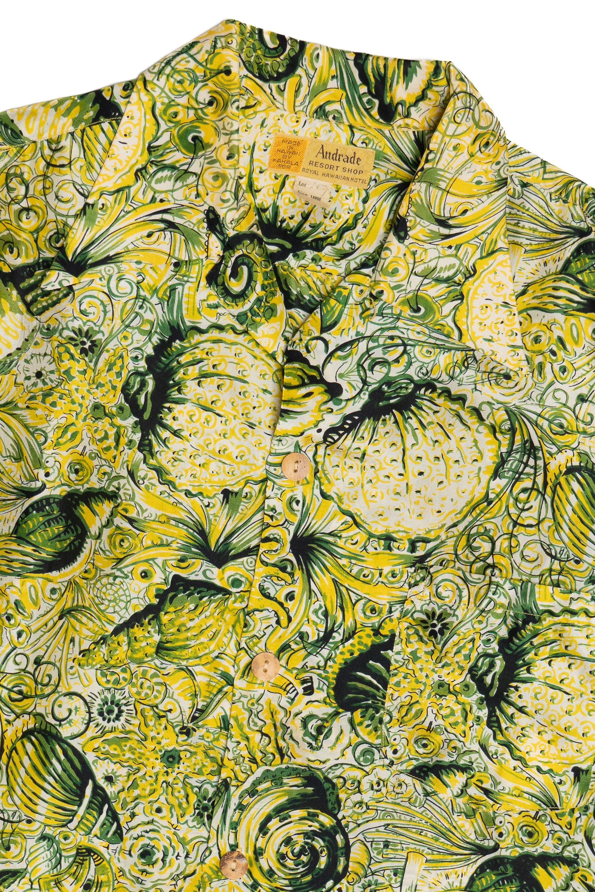 Rare Deadstock Vintage Hawaiian Long Sleeve Shirt With Loop Collar Andrade Resort Shop Royal Hawaiian Hotel 40/50s