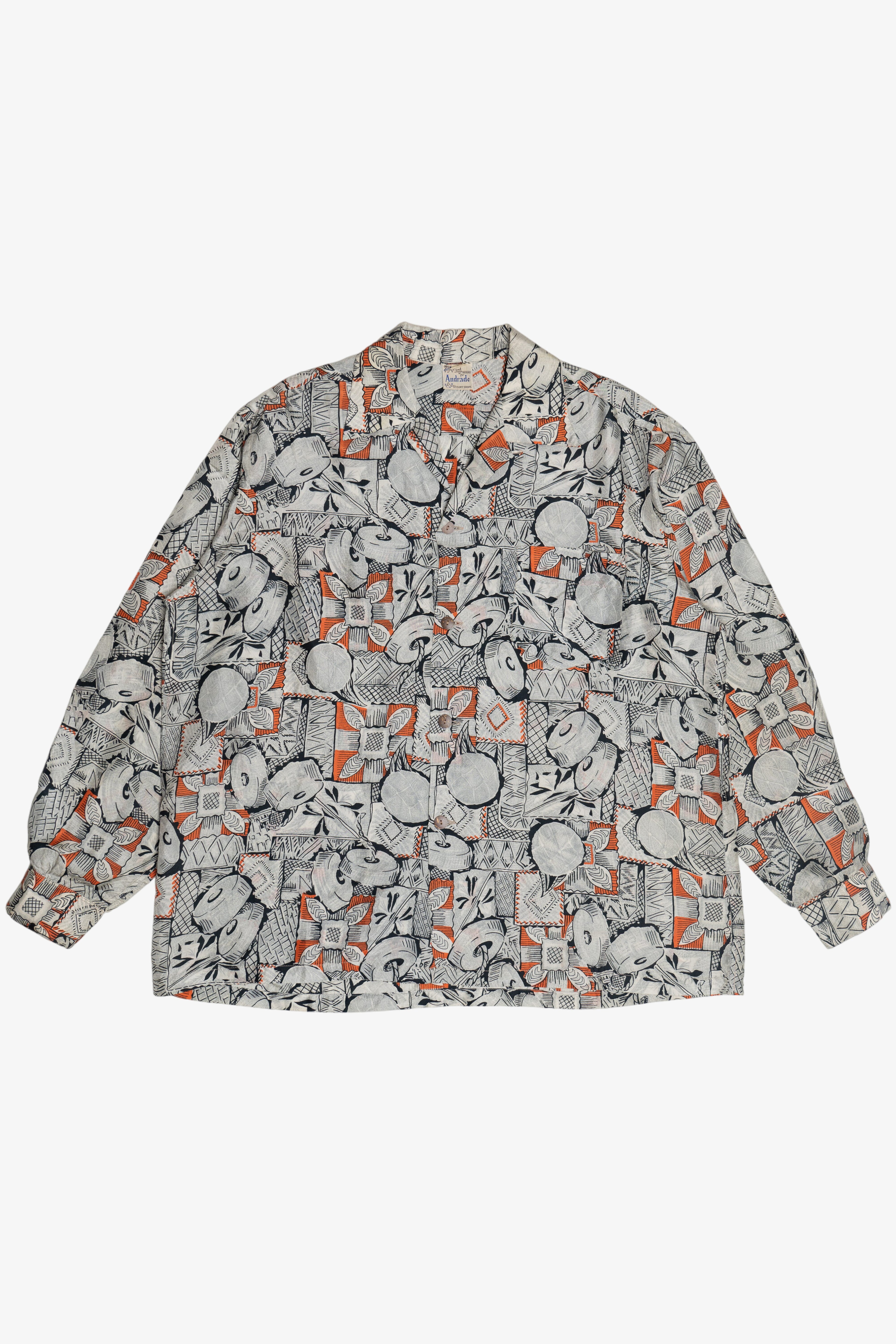 Rare Vintage Hawaiian Long Sleeve Shirt With Loop Collar Surf n Sand For Andrade Resort Shops 40/50s