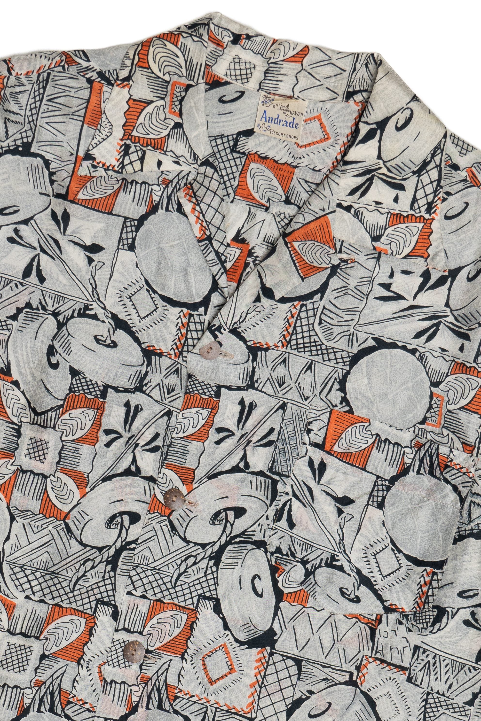 Rare Vintage Hawaiian Long Sleeve Shirt With Loop Collar Surf n Sand For Andrade Resort Shops 40/50s