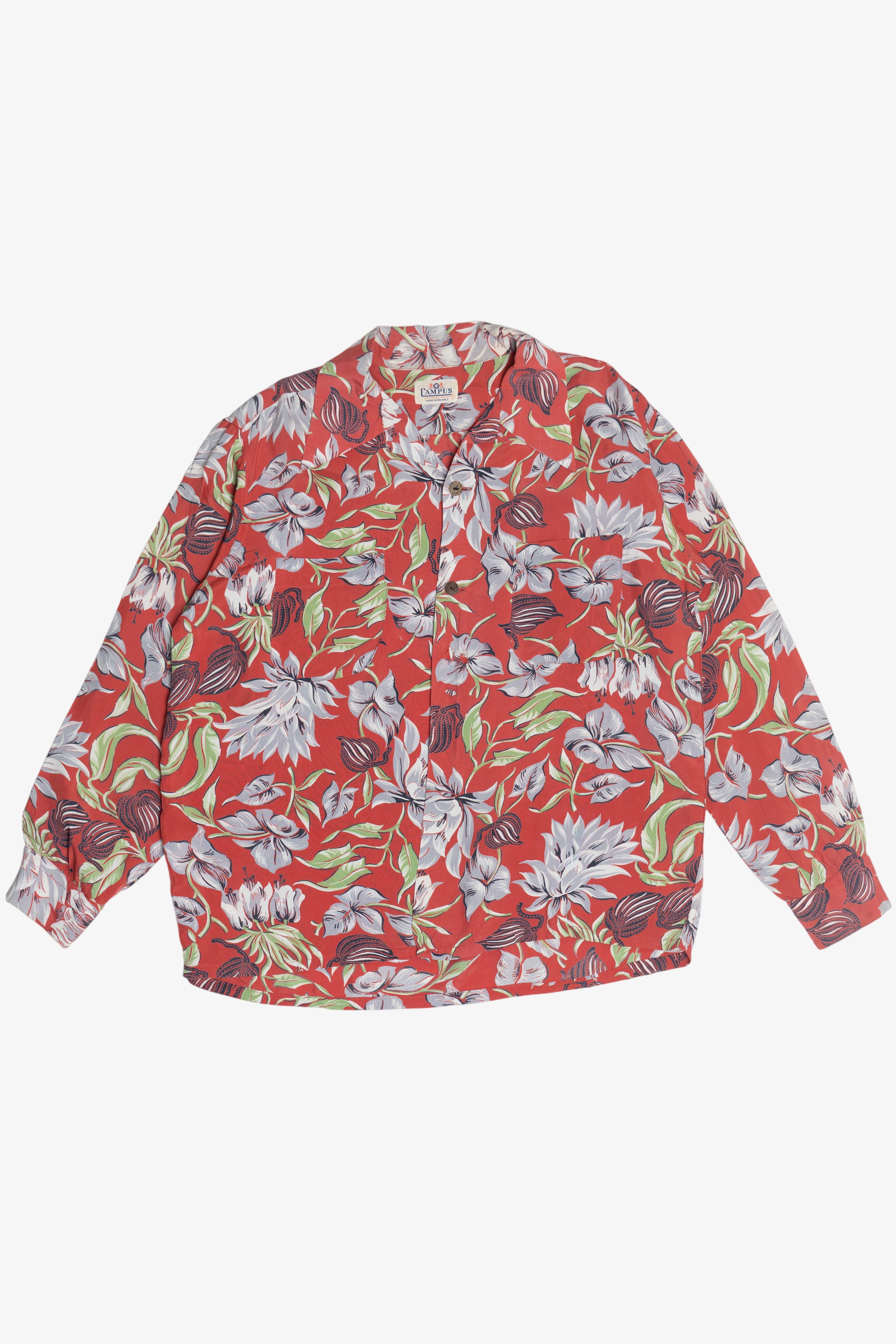 Rare Vintage Hawaiian Long Sleeve Shirt With Loop Collar And Double Pockets Campus Hollywood Styled 40/50s