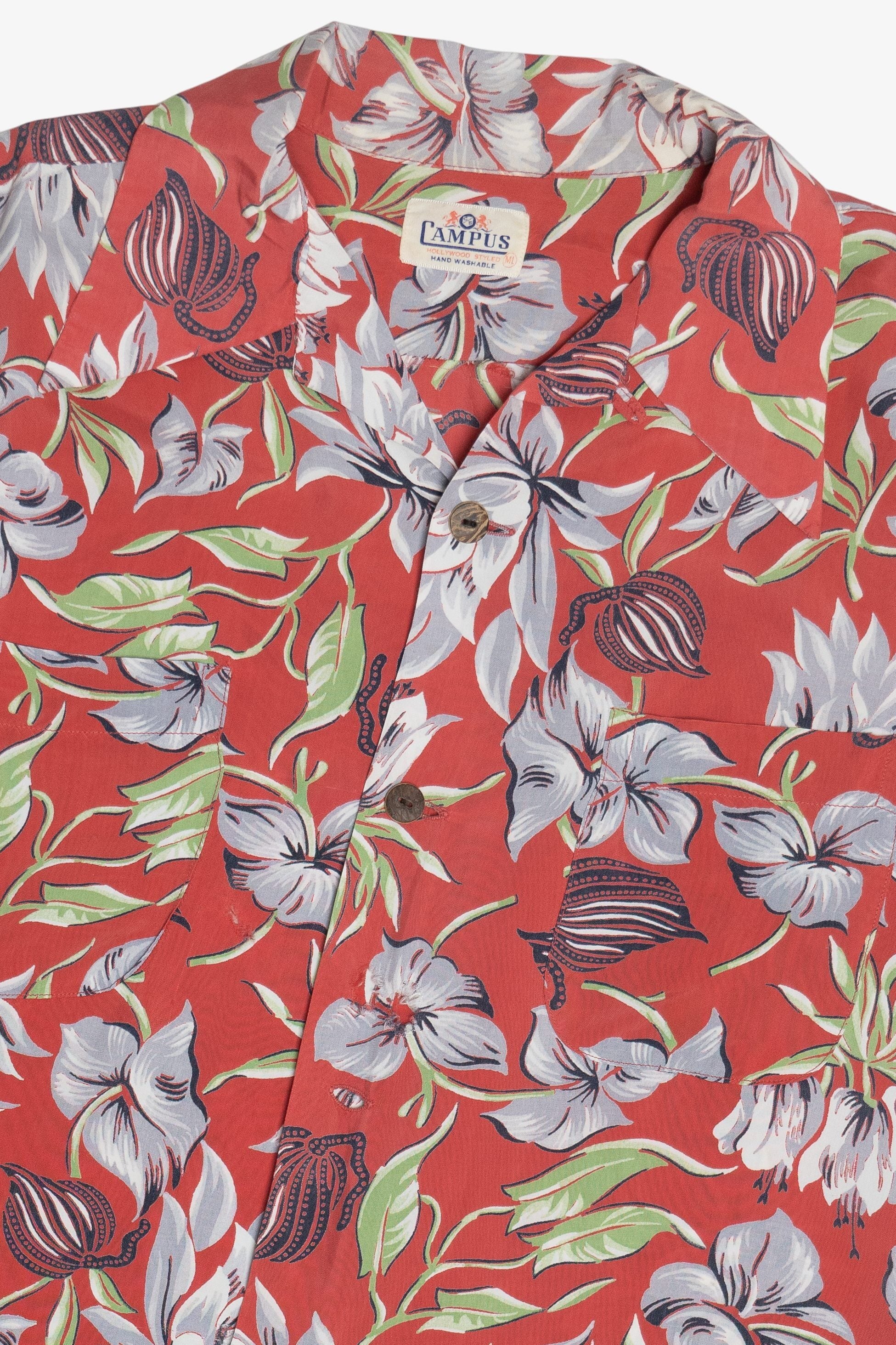 Rare Vintage Hawaiian Long Sleeve Shirt With Loop Collar And Double Pockets Campus Hollywood Styled 40/50s