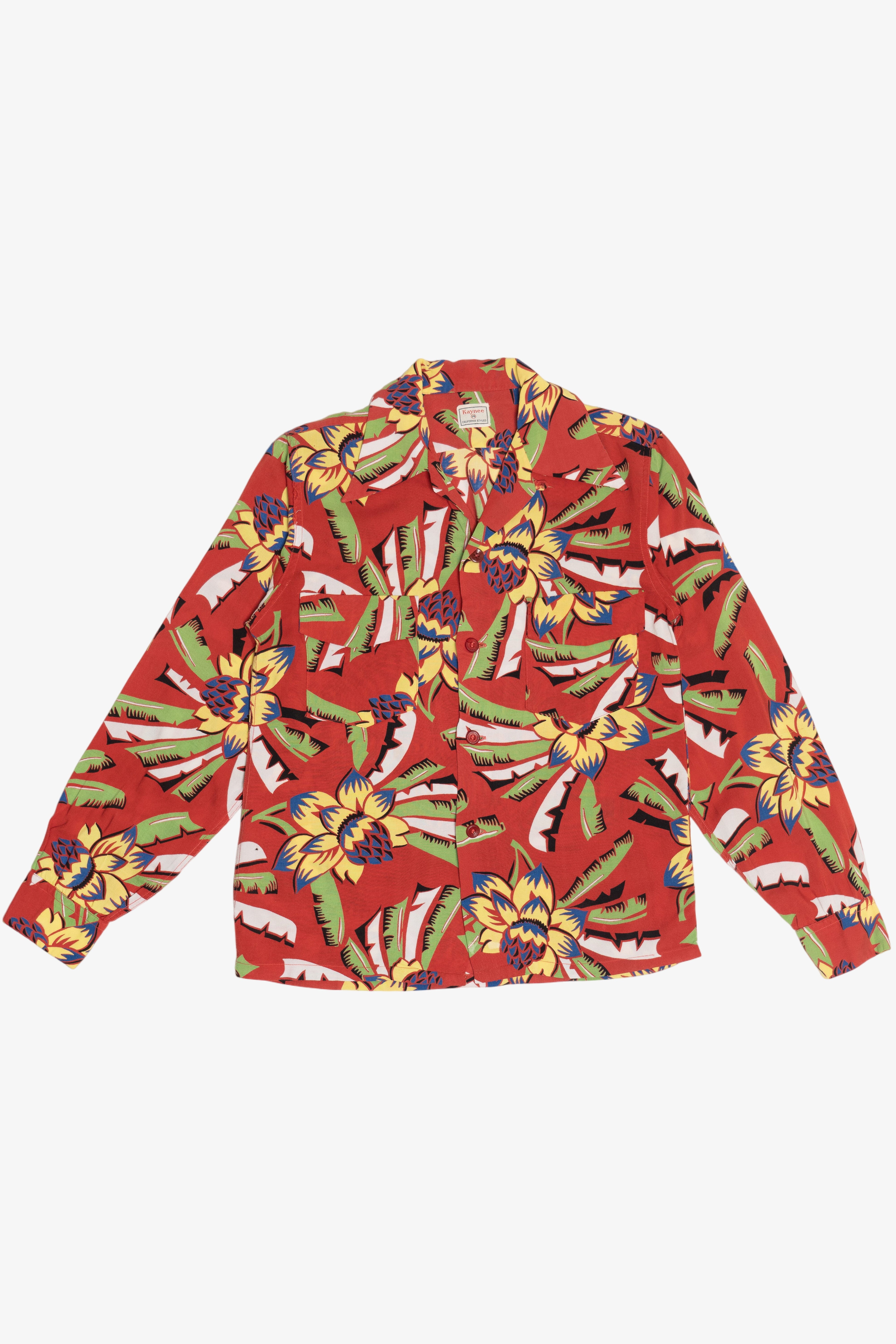 Rare Vintage Hawaiian Long Sleeve Loop Collar Double Pocket Kaynee California Styled 40/50s