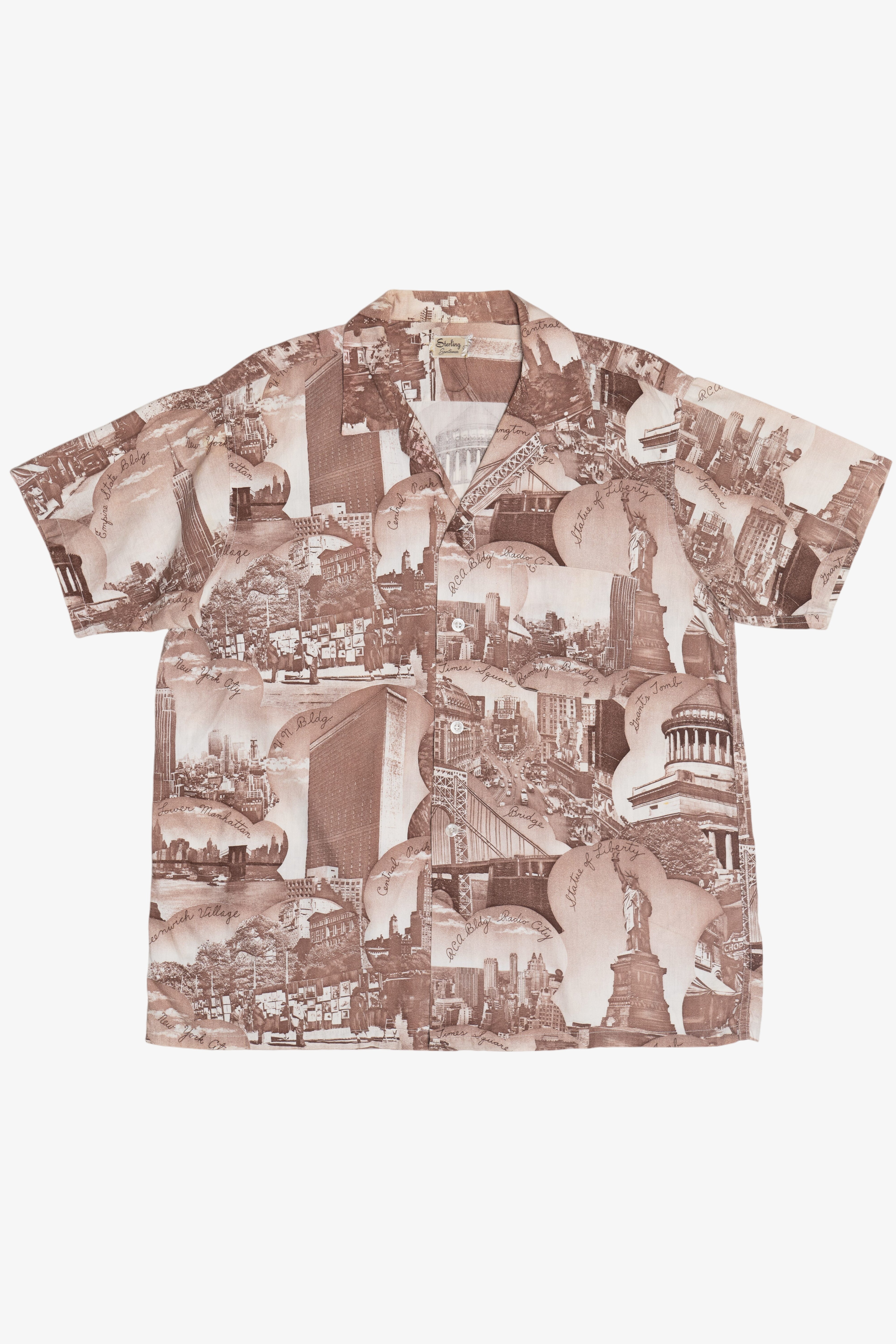 Rare Vintage Button Up With Loop Collar New York City Scenic Collage 40/50s