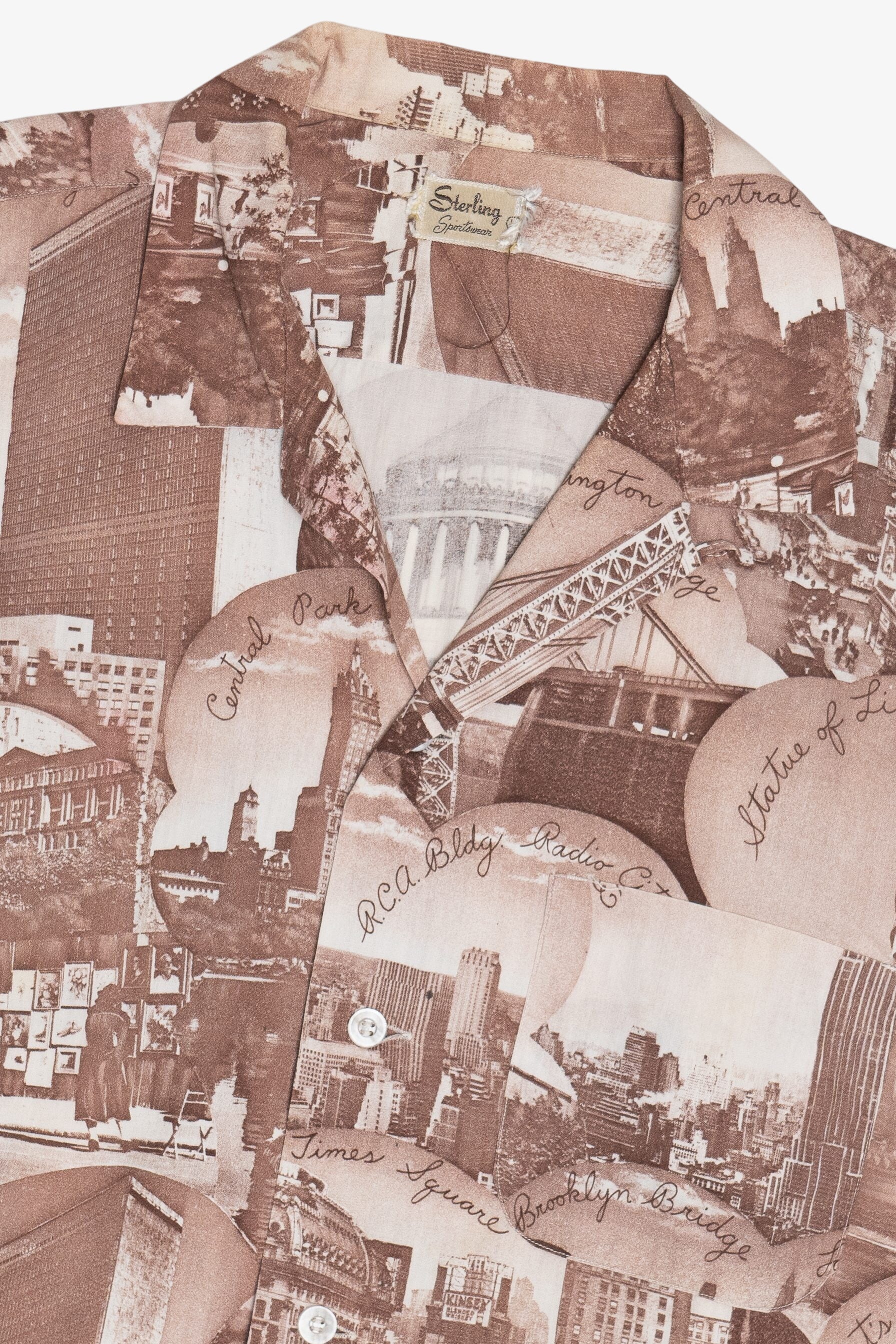 Rare Vintage Button Up With Loop Collar New York City Scenic Collage 40/50s