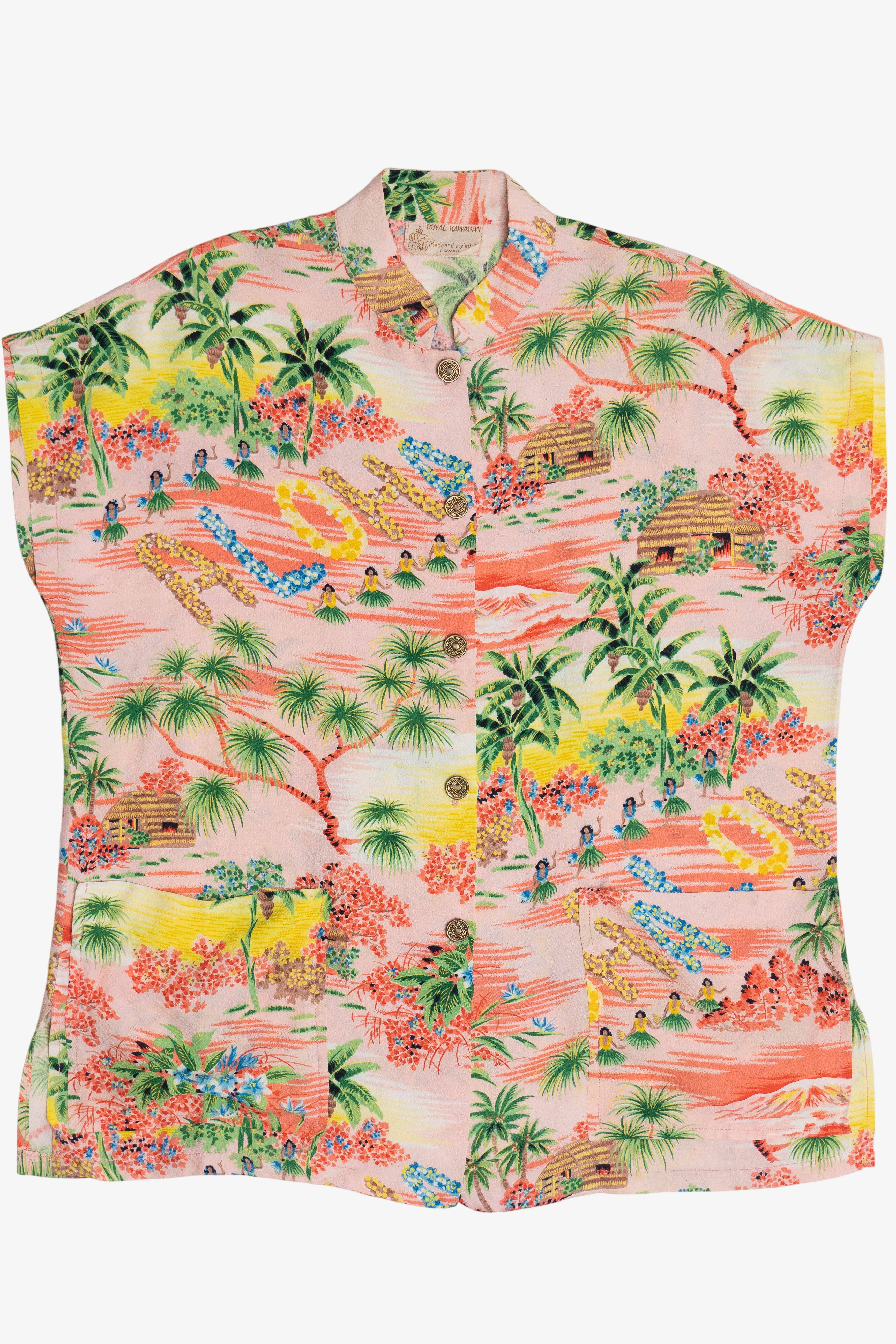 Rare Vintage Hawaiian Sleeveless Mandarin Collar Shirt Royal Hawaiian "Aloha" 40/50s