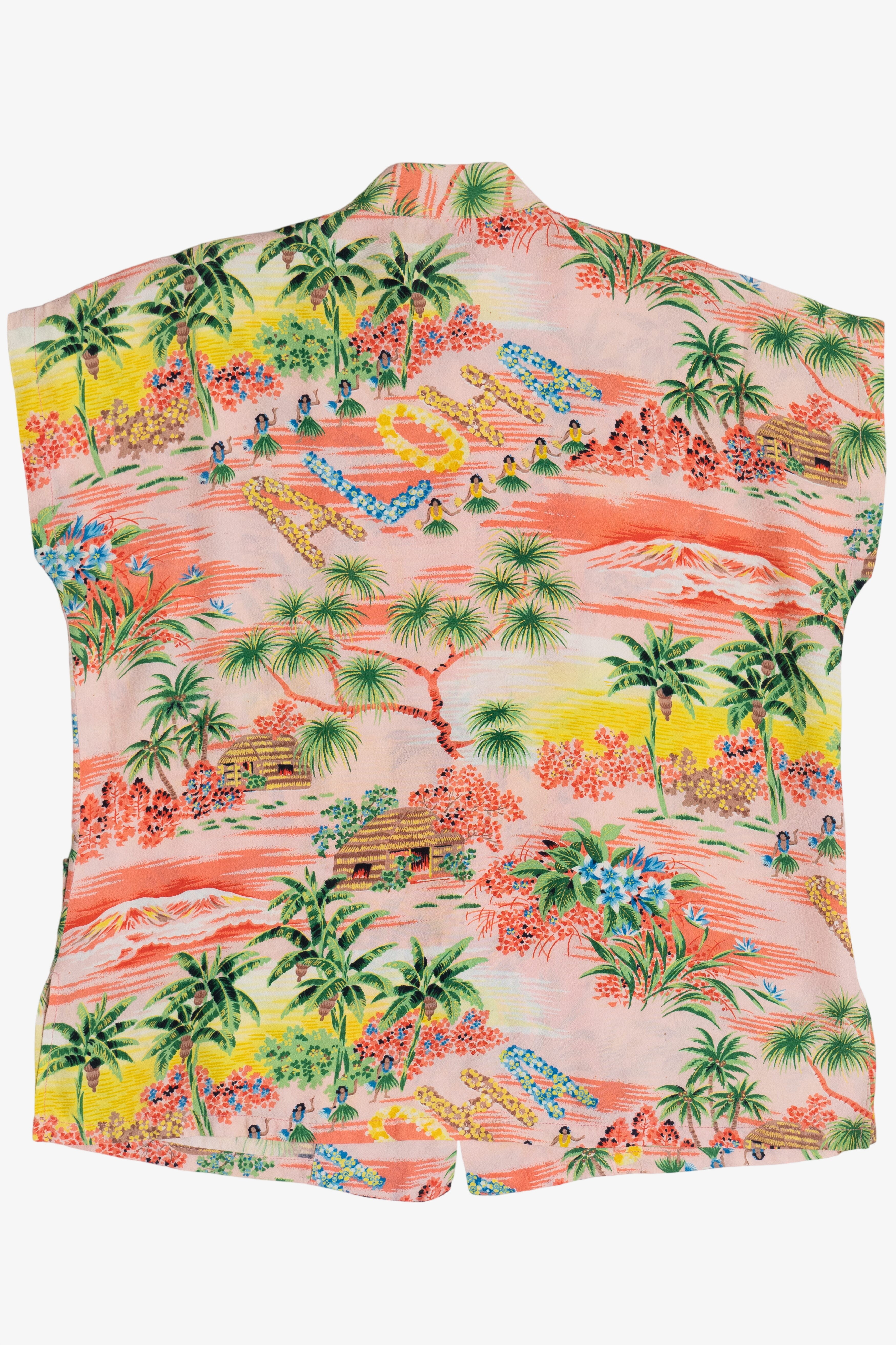 Rare Vintage Hawaiian Sleeveless Mandarin Collar Shirt Royal Hawaiian "Aloha" 40/50s