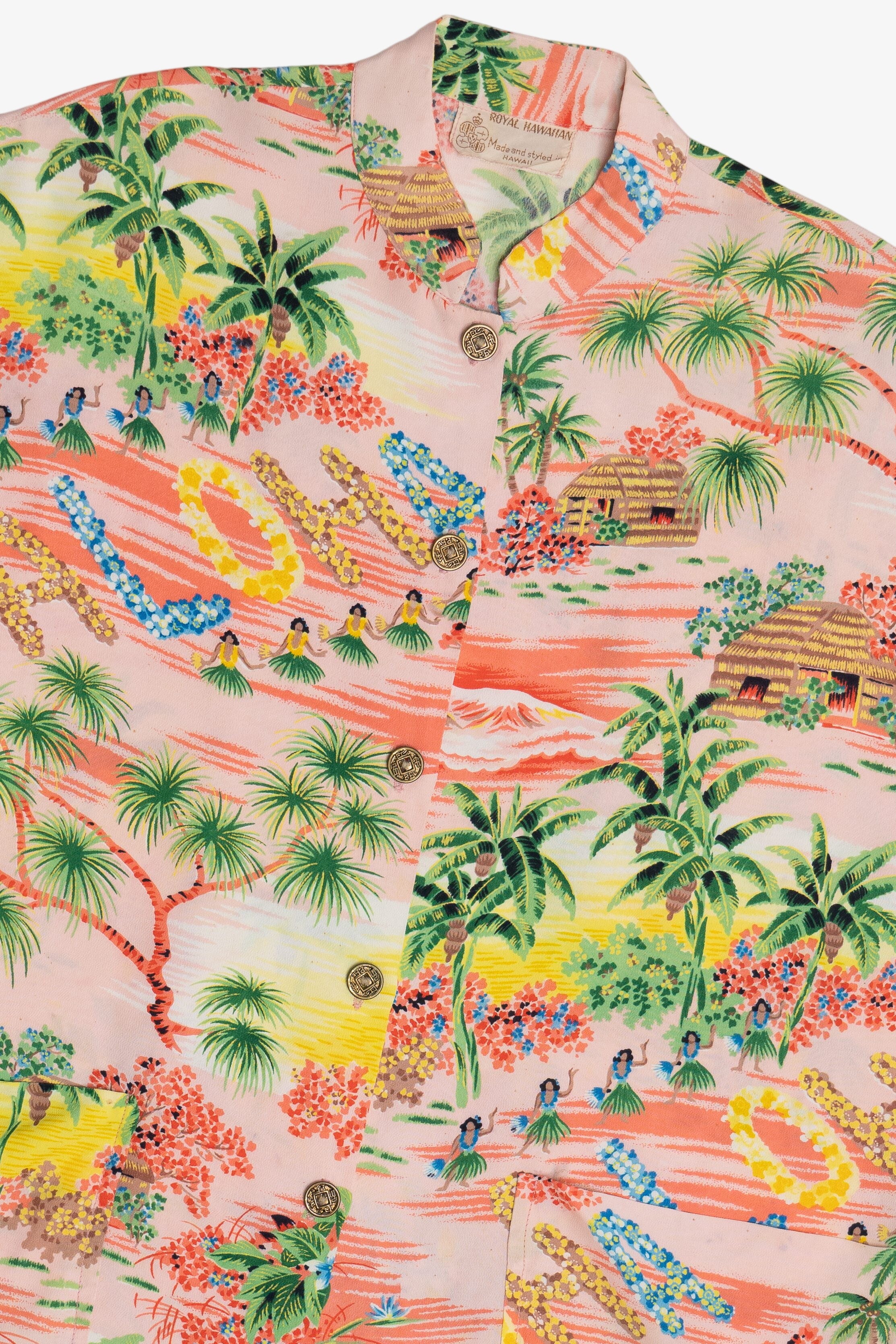 Rare Vintage Hawaiian Sleeveless Mandarin Collar Shirt Royal Hawaiian "Aloha" 40/50s
