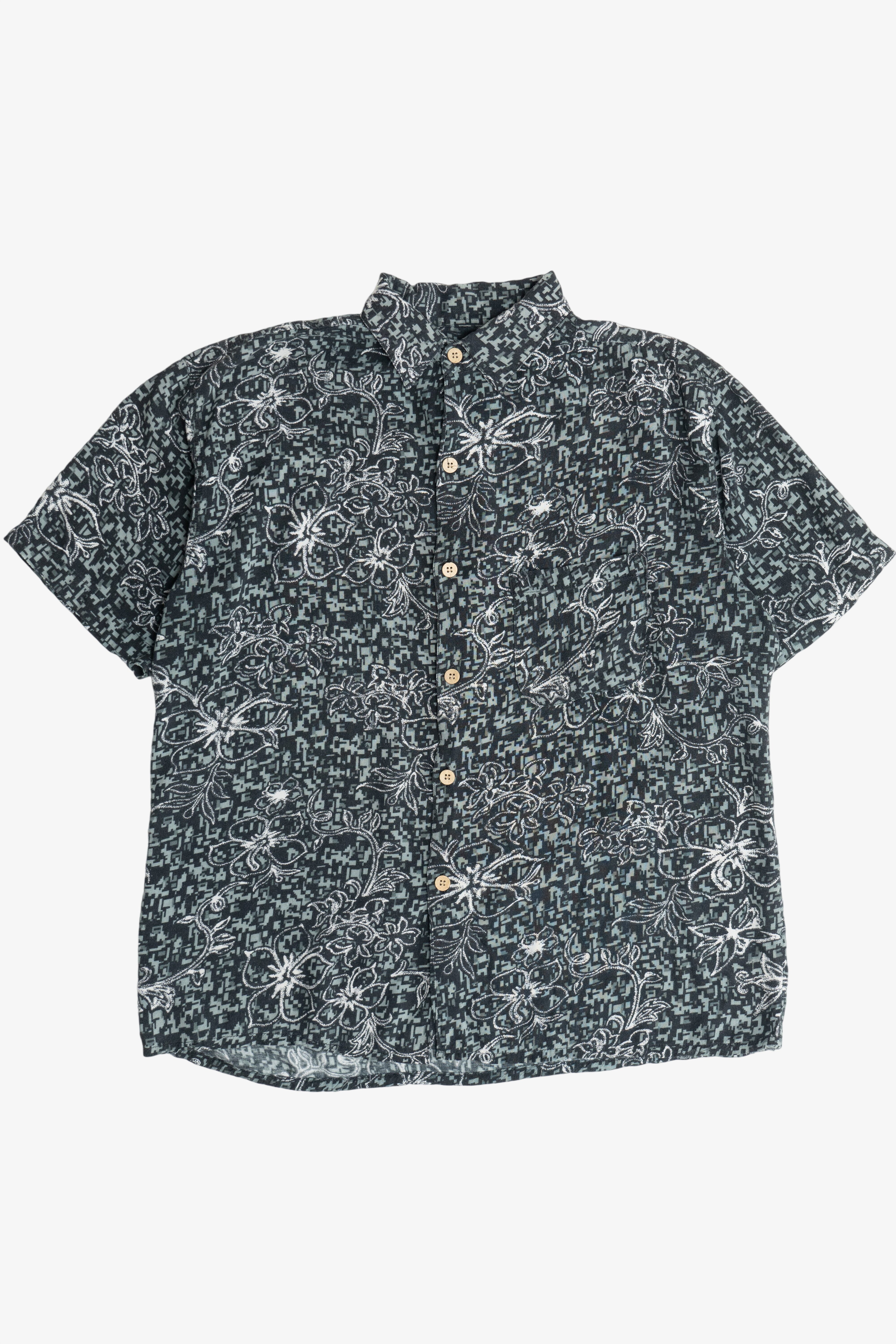 Vintage Pacific Scene Pixelated Floral Hawaiian Shirt (1990s)