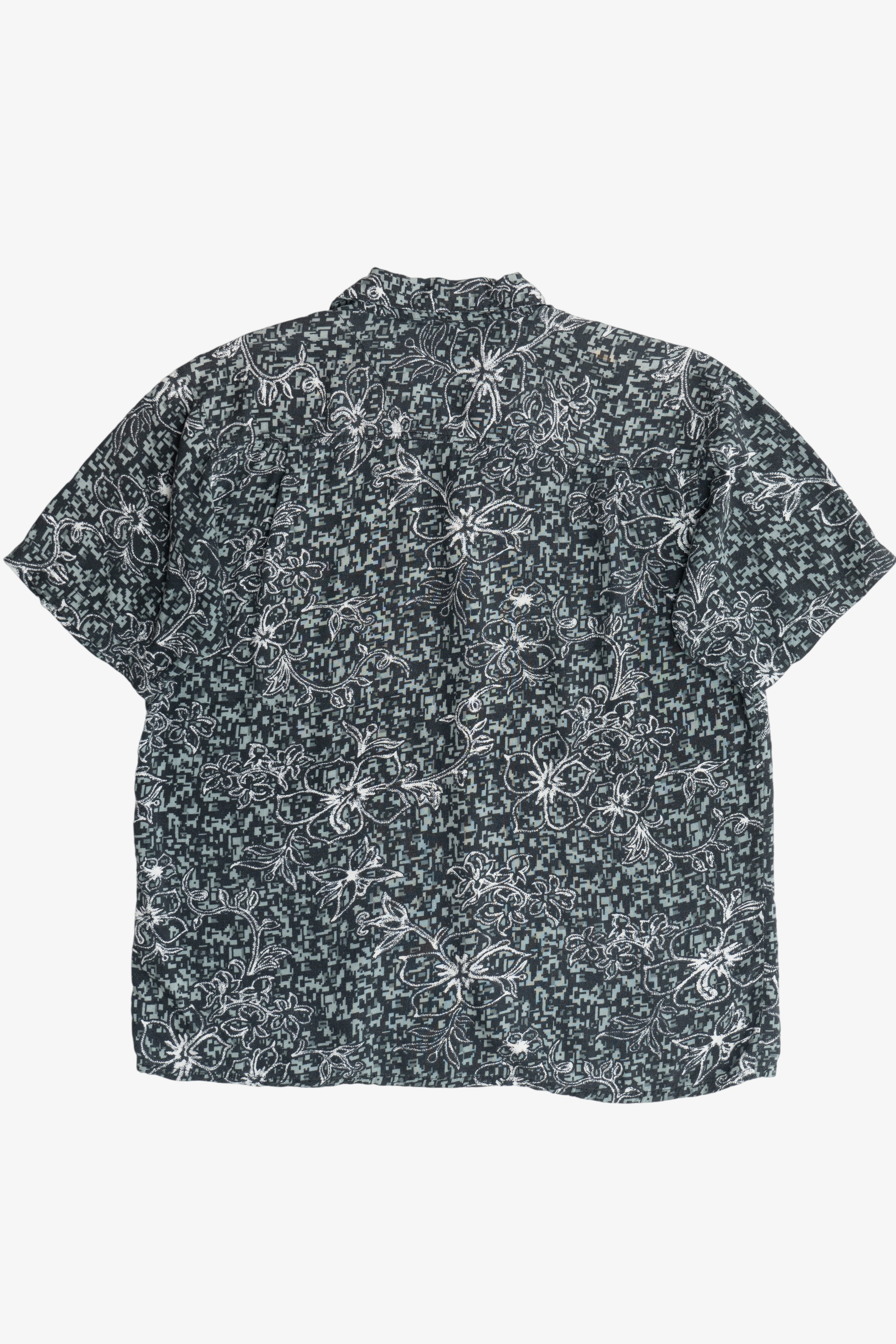 Vintage Pacific Scene Pixelated Floral Hawaiian Shirt (1990s)