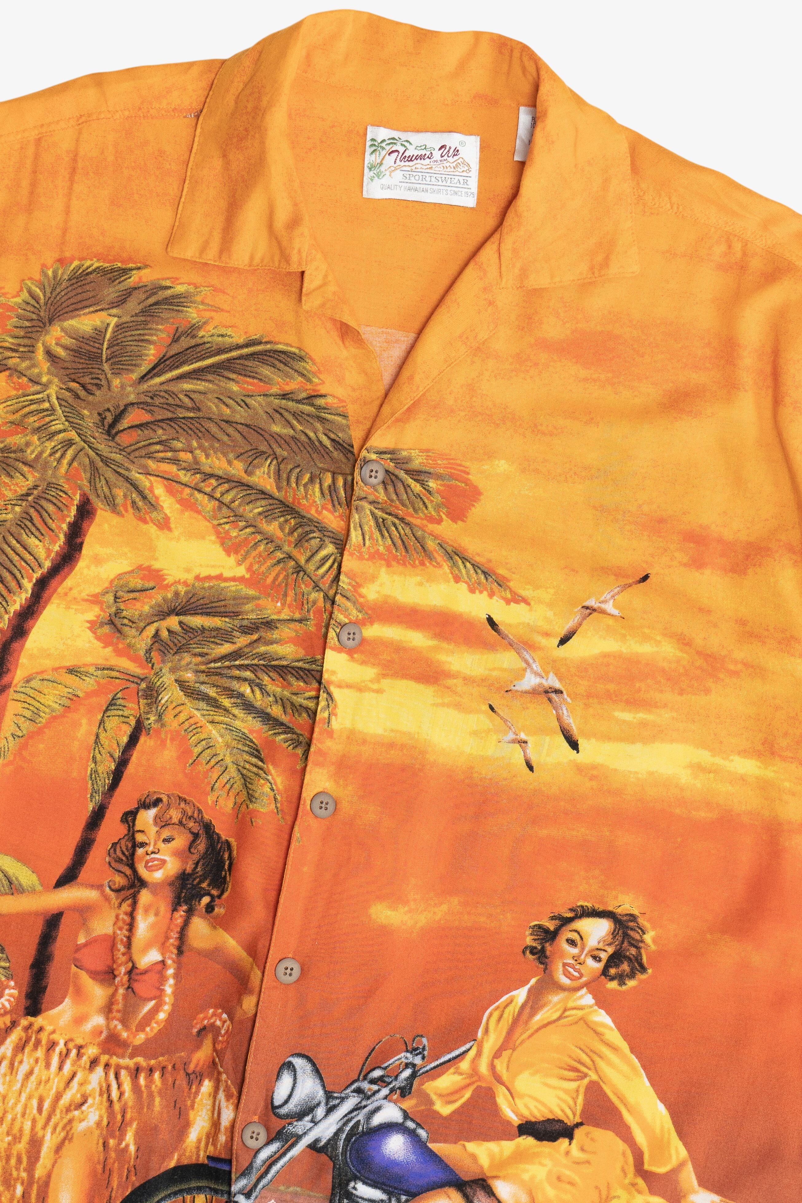 Vintage Thums Up Sportswear Motorcycle Pin-Up Hawaiian Shirt (2000s)