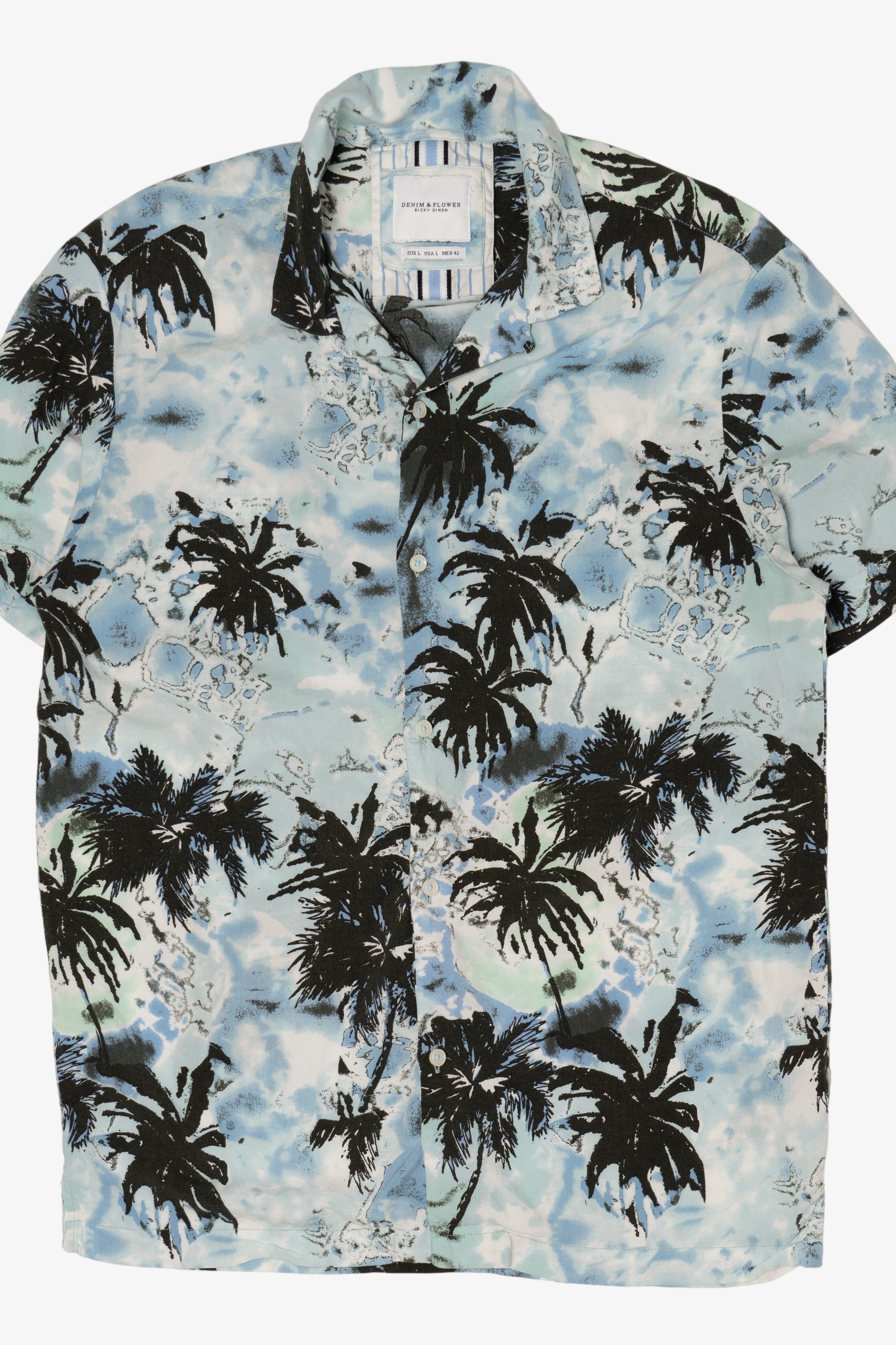 Light Blue Denim & Flower Hawaiian Button Up Shirt (2020s)
