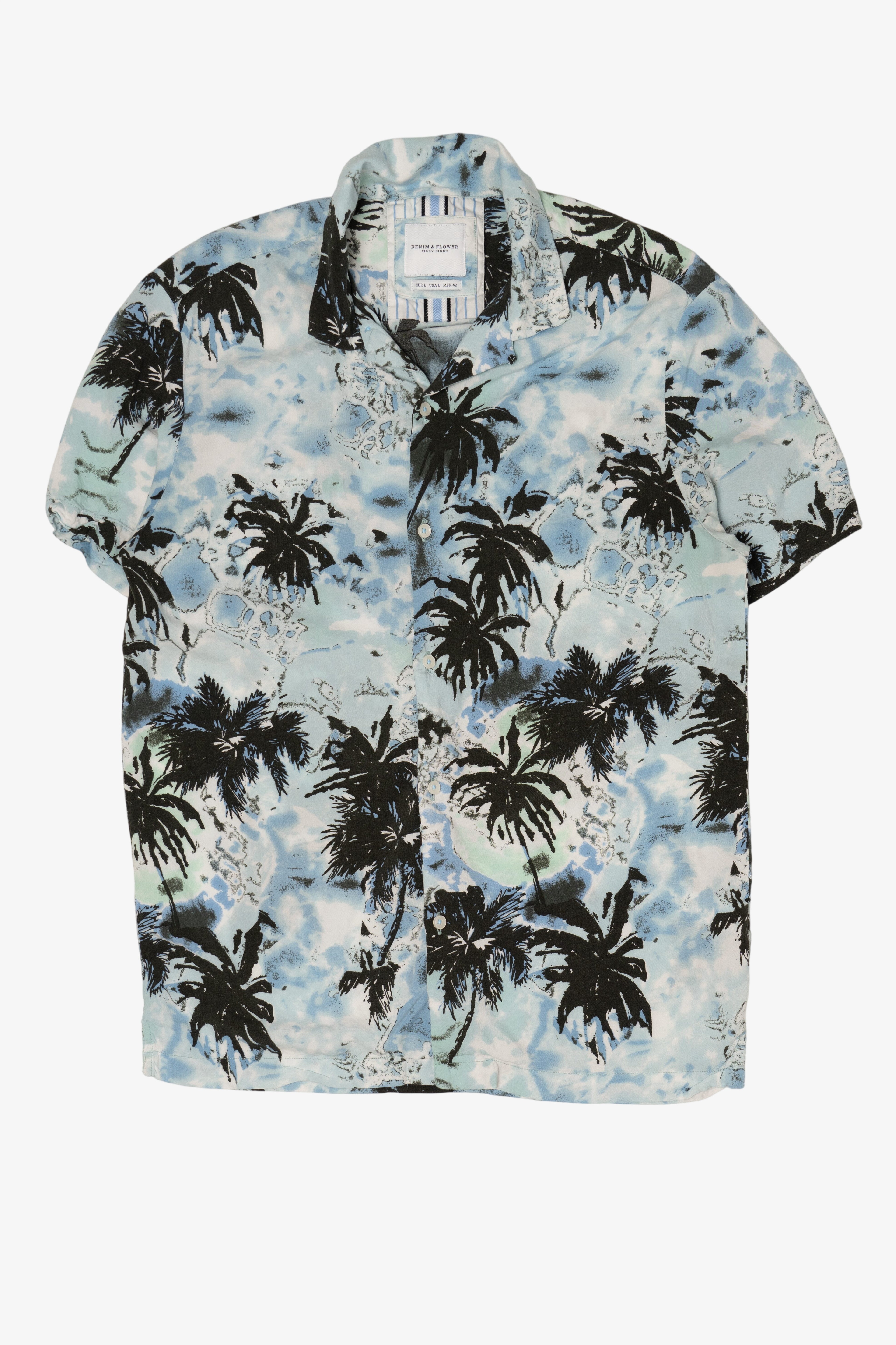 Light Blue Denim & Flower Hawaiian Button Up Shirt (2020s)