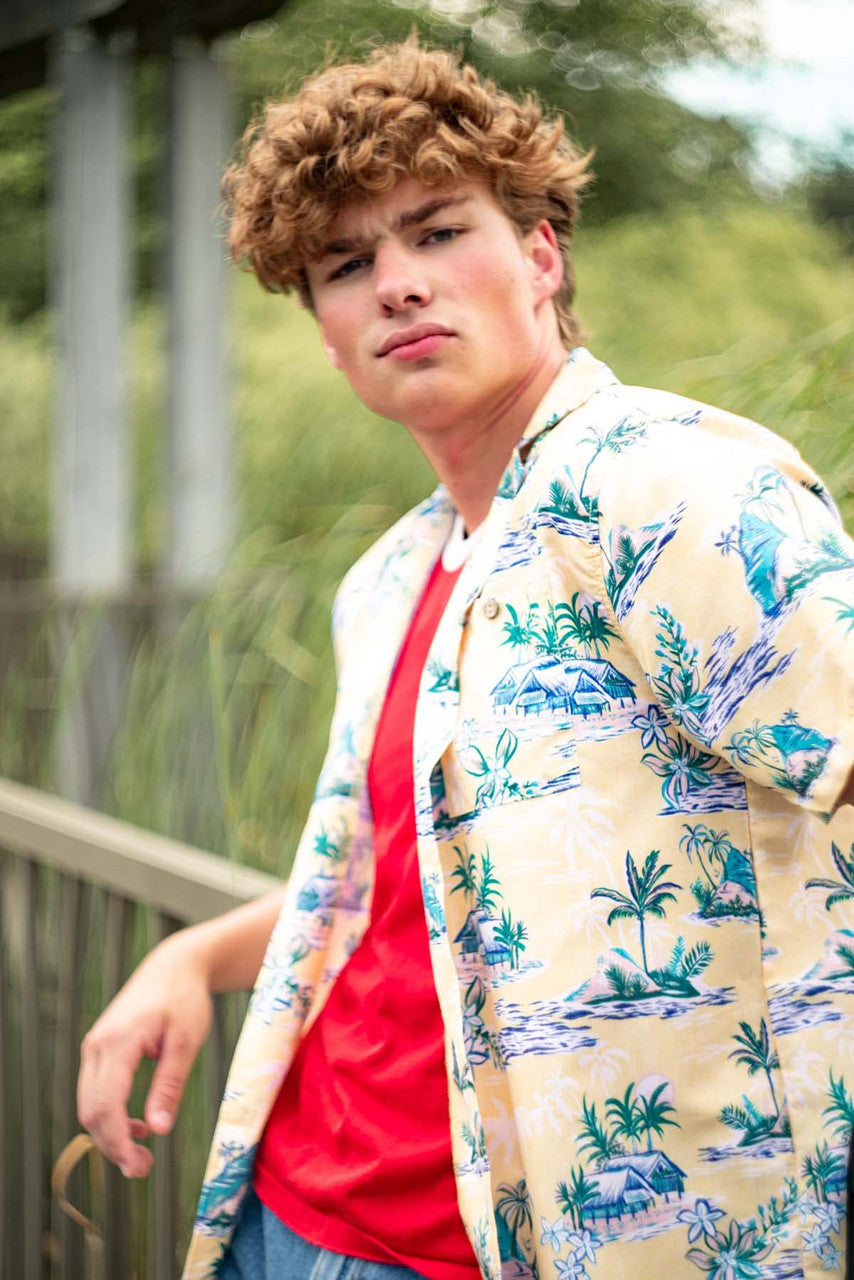 Yellow Beach Hut Print Hawaiian Shirt
