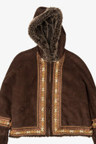 Vintage Y2k Dark Brown Faux Fur Lined Embroidered Hooded Coat (2000s)