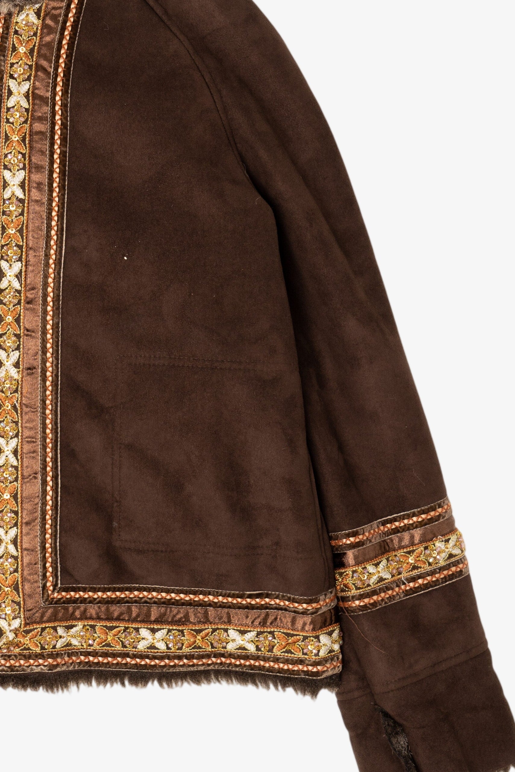 Vintage Y2k Dark Brown Faux Fur Lined Embroidered Hooded Coat (2000s)