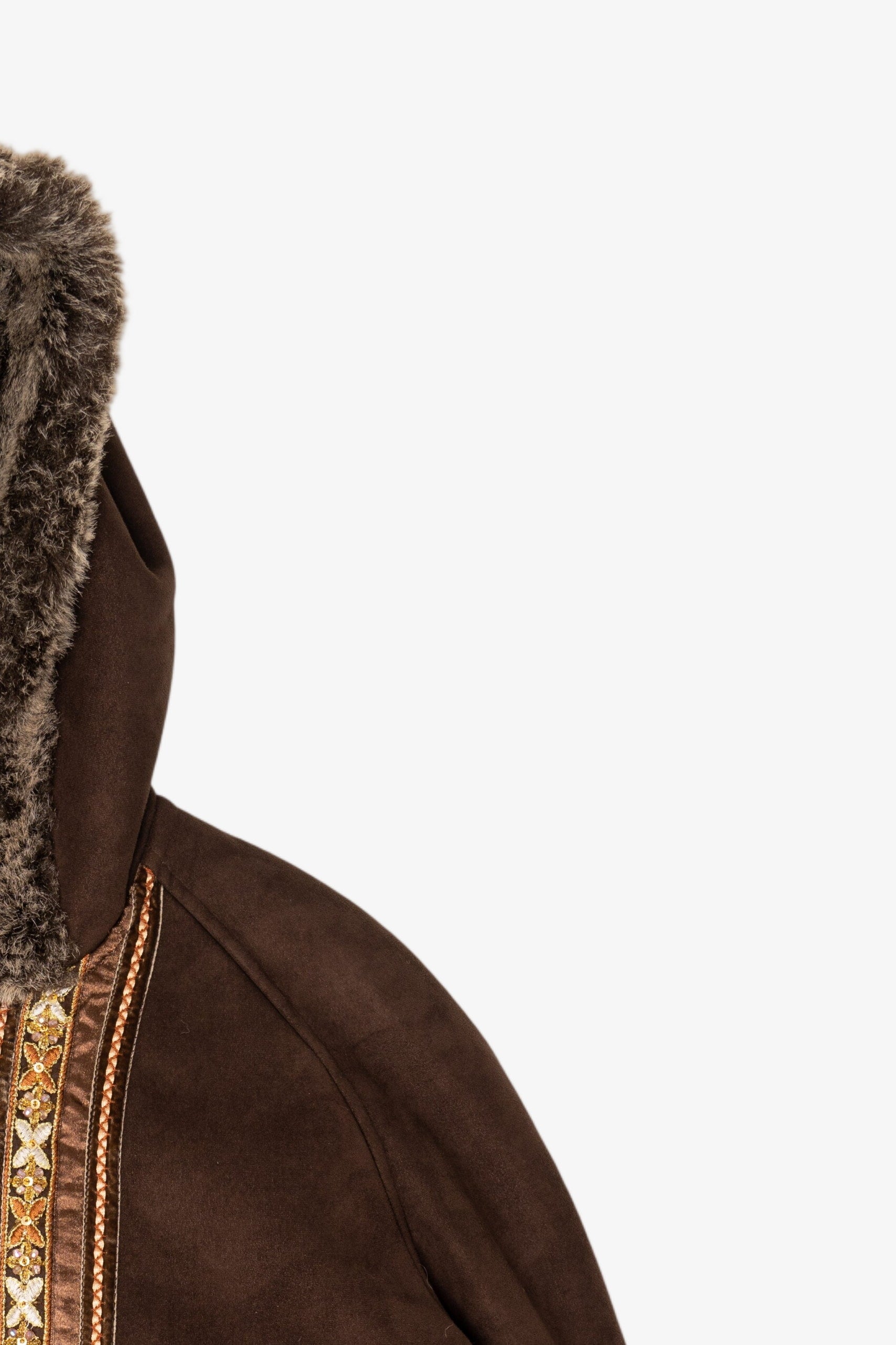 Vintage Y2k Dark Brown Faux Fur Lined Embroidered Hooded Coat (2000s)