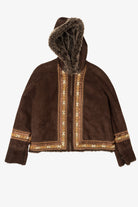 Vintage Y2k Dark Brown Faux Fur Lined Embroidered Hooded Coat (2000s)