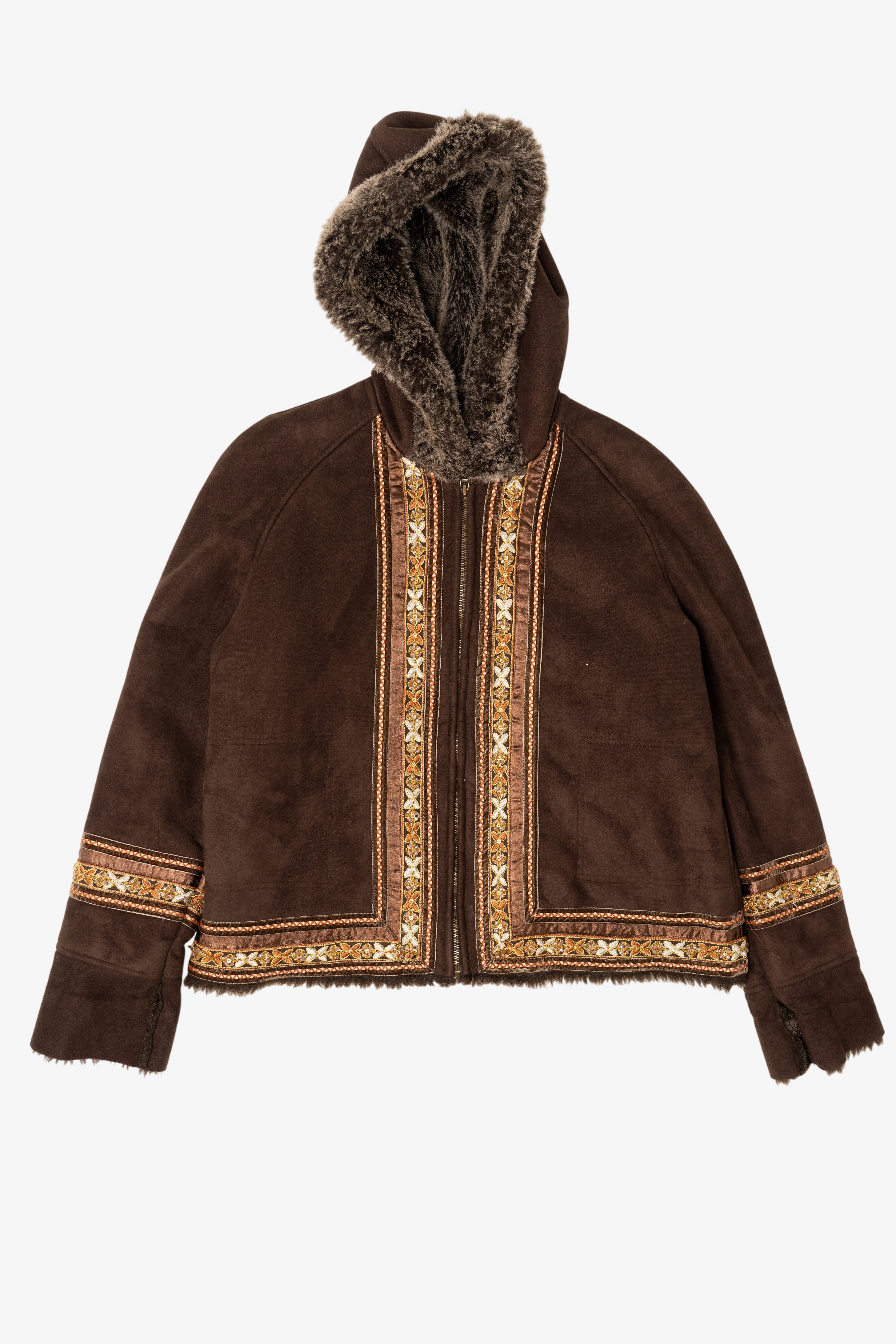 Vintage Y2k Dark Brown Faux Fur Lined Embroidered Hooded Coat (2000s)