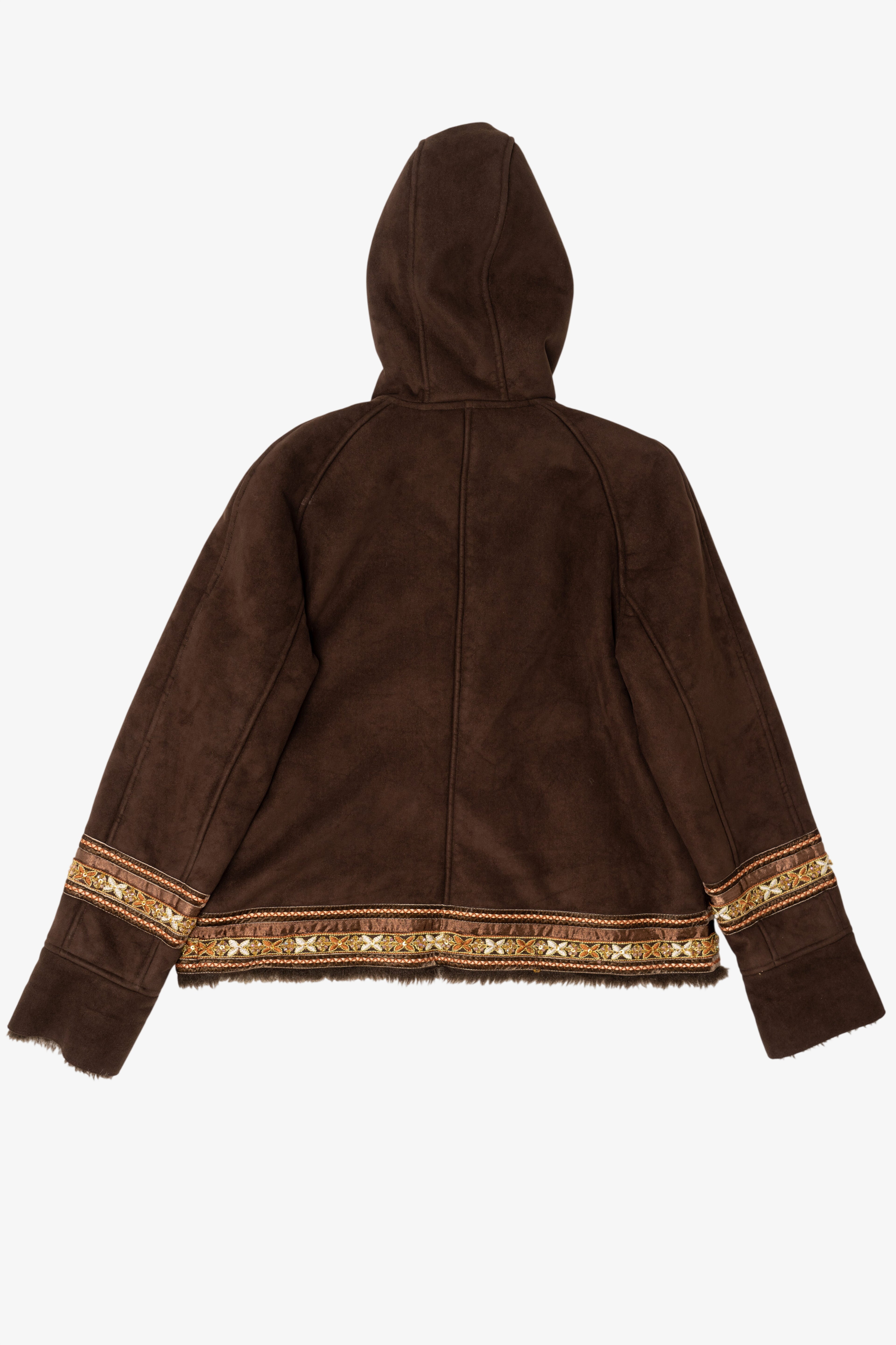 Vintage Y2k Dark Brown Faux Fur Lined Embroidered Hooded Coat (2000s)