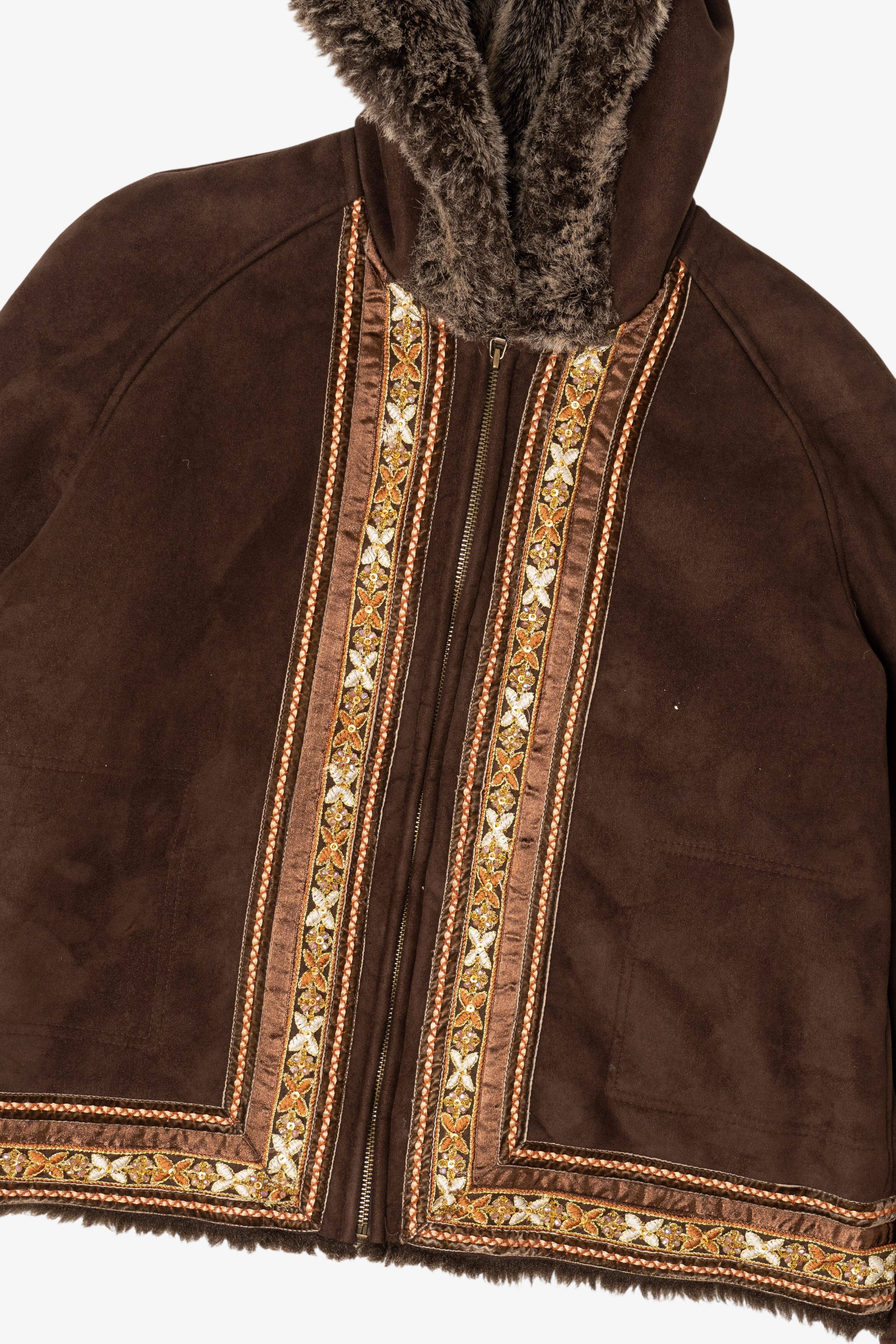 Vintage Y2k Dark Brown Faux Fur Lined Embroidered Hooded Coat (2000s)