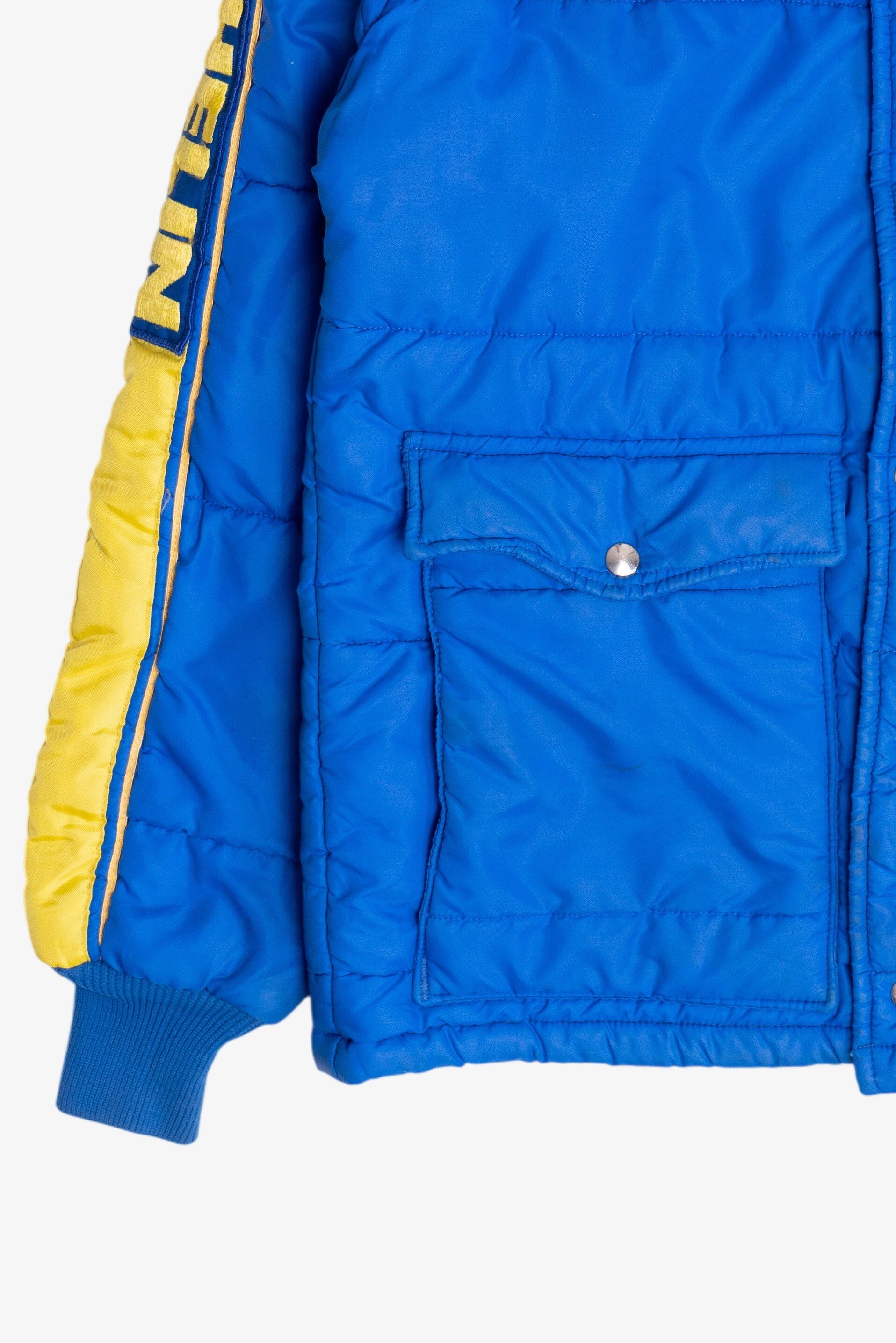 Vintage Swingster Michelin Man Patch Sleeve Spellout Puffer Jacket (1980s)