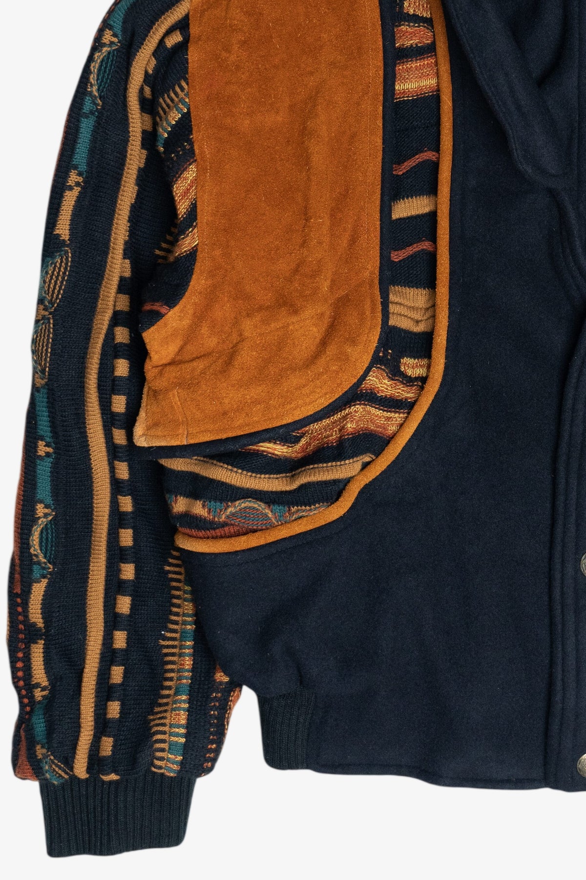 Vintage Roger Springfield's Leather And Coogi-Style Knit Patchwork Bomber Jacket (1980s)