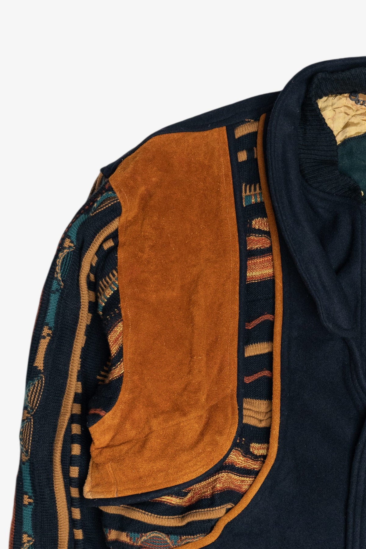 Vintage Roger Springfield's Leather And Coogi-Style Knit Patchwork Bomber Jacket (1980s)