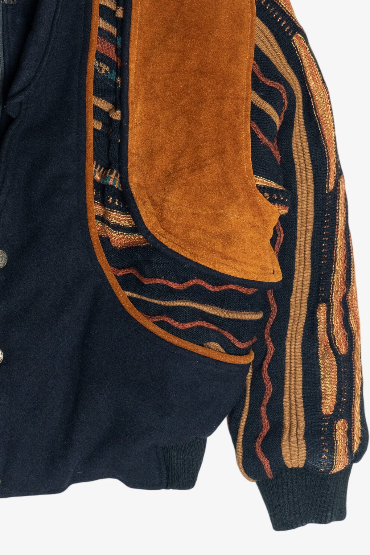 Vintage Roger Springfield's Leather And Coogi-Style Knit Patchwork Bomber Jacket (1980s)