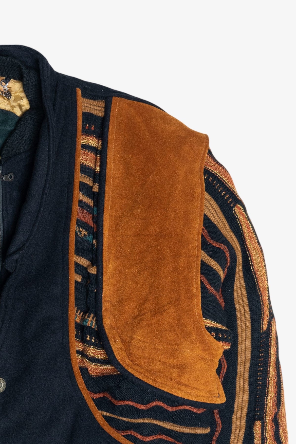 Vintage Roger Springfield's Leather And Coogi-Style Knit Patchwork Bomber Jacket (1980s)