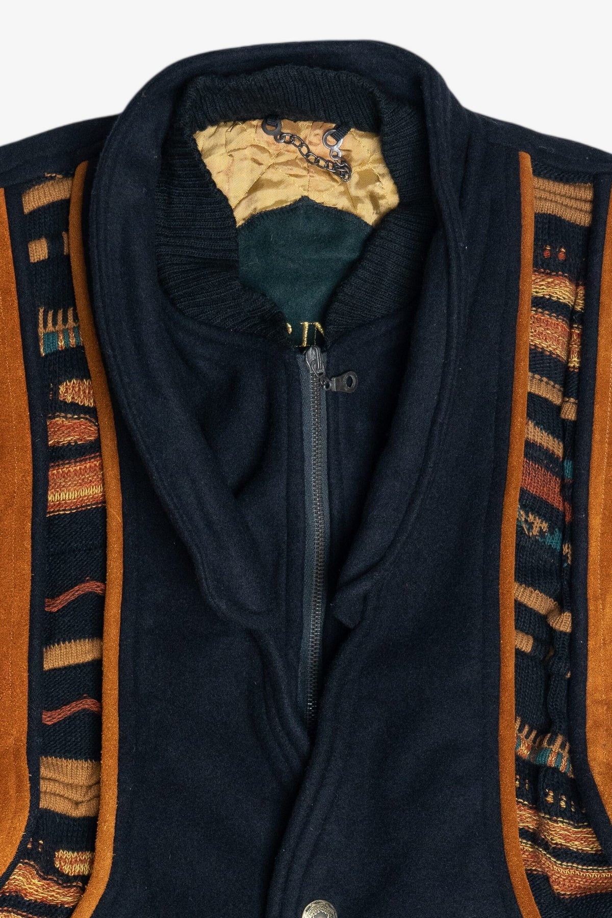 Vintage Roger Springfield's Leather And Coogi-Style Knit Patchwork Bomber Jacket (1980s)