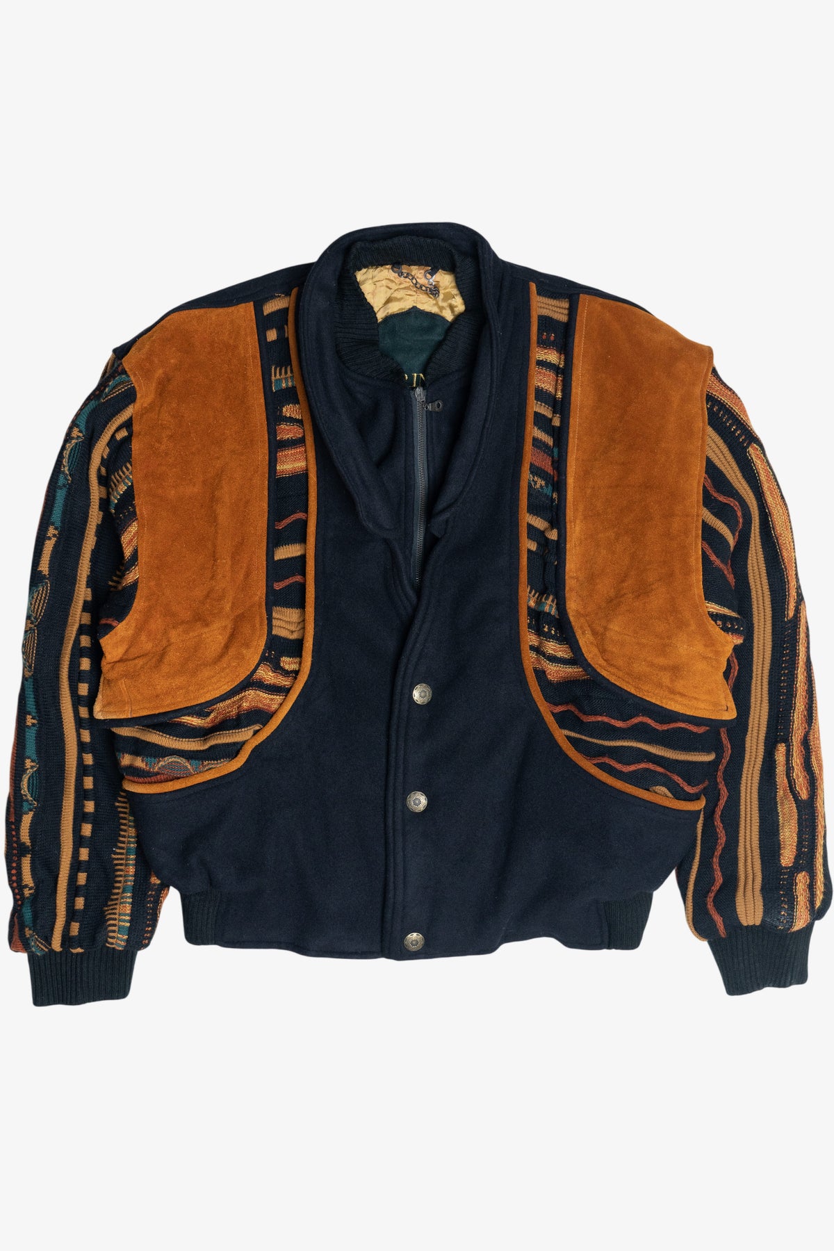 Vintage Roger Springfield's Leather And Coogi-Style Knit Patchwork Bomber Jacket (1980s)
