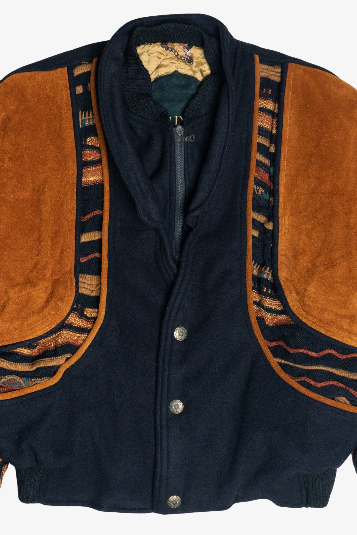 Vintage Roger Springfield's Leather And Coogi-Style Knit Patchwork Bomber Jacket (1980s)