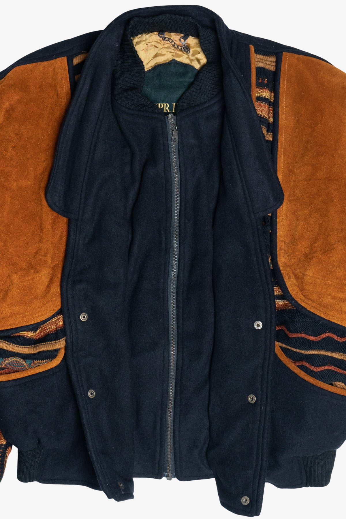 Vintage Roger Springfield's Leather And Coogi-Style Knit Patchwork Bomber Jacket (1980s)