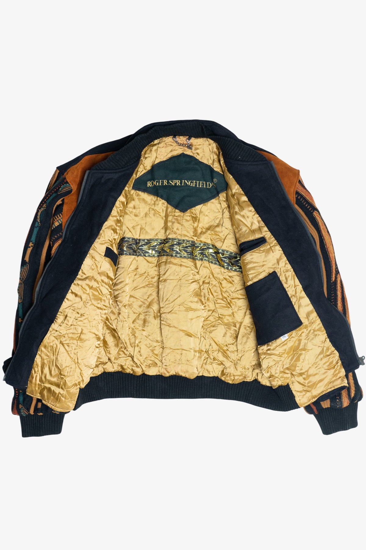 Vintage Roger Springfield's Leather And Coogi-Style Knit Patchwork Bomber Jacket (1980s)