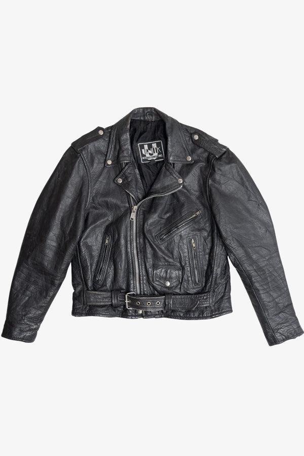 Vintage Unik International Inc. Distressed Leather Motorcycle Jacket (1990s)