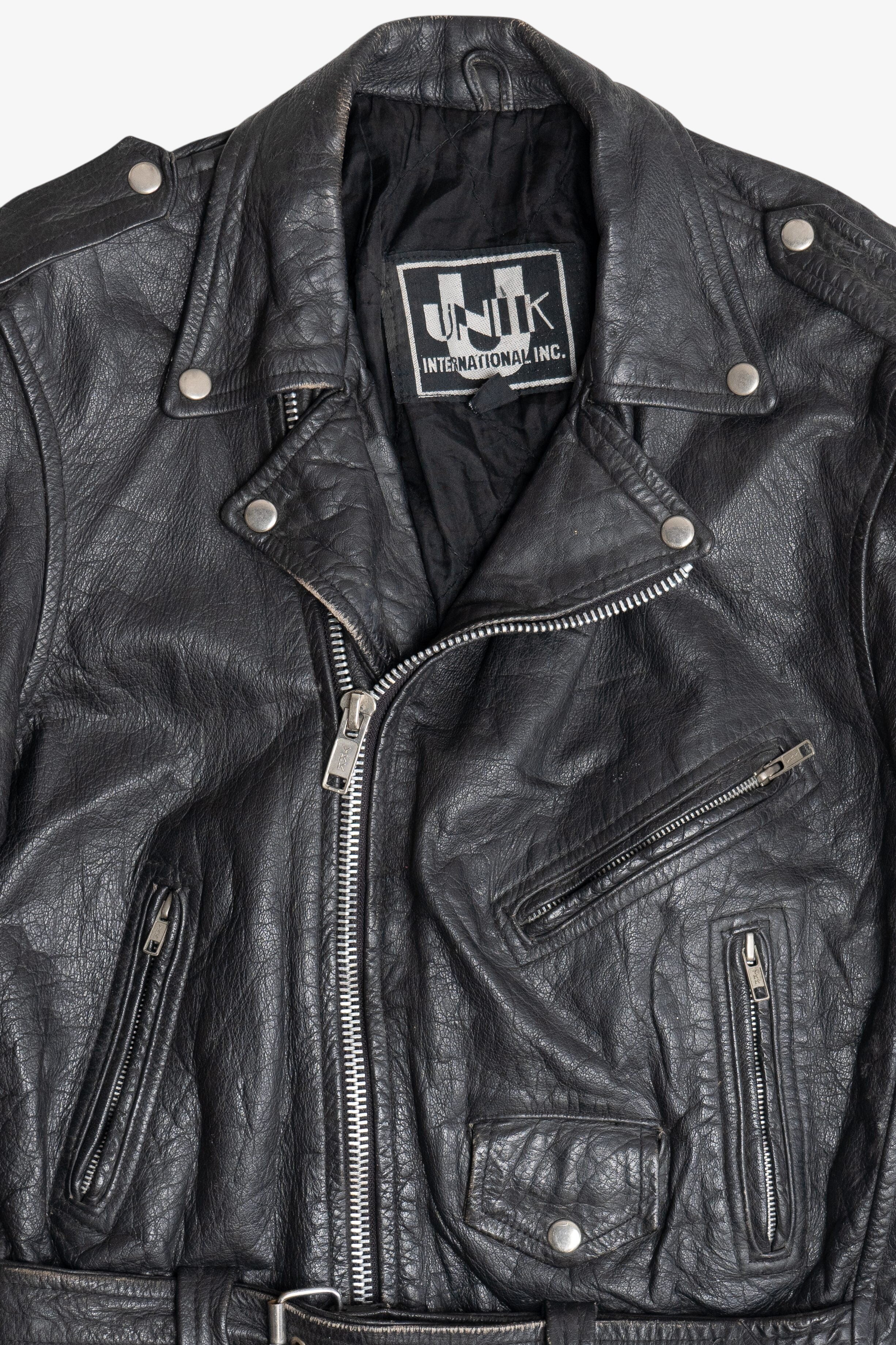 Vintage Unik International Inc. Distressed Leather Motorcycle Jacket (1990s)