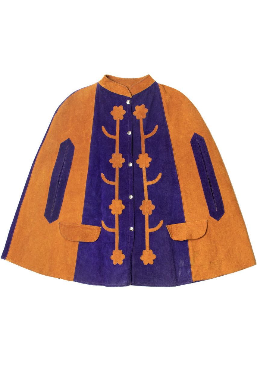 Vintage Purple & Ochre Floral Detail Leather Suede Cape