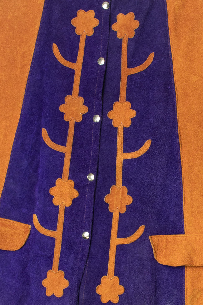 Vintage Purple & Ochre Floral Detail Leather Suede Cape