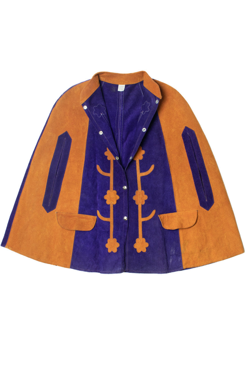 Vintage Purple & Ochre Floral Detail Leather Suede Cape