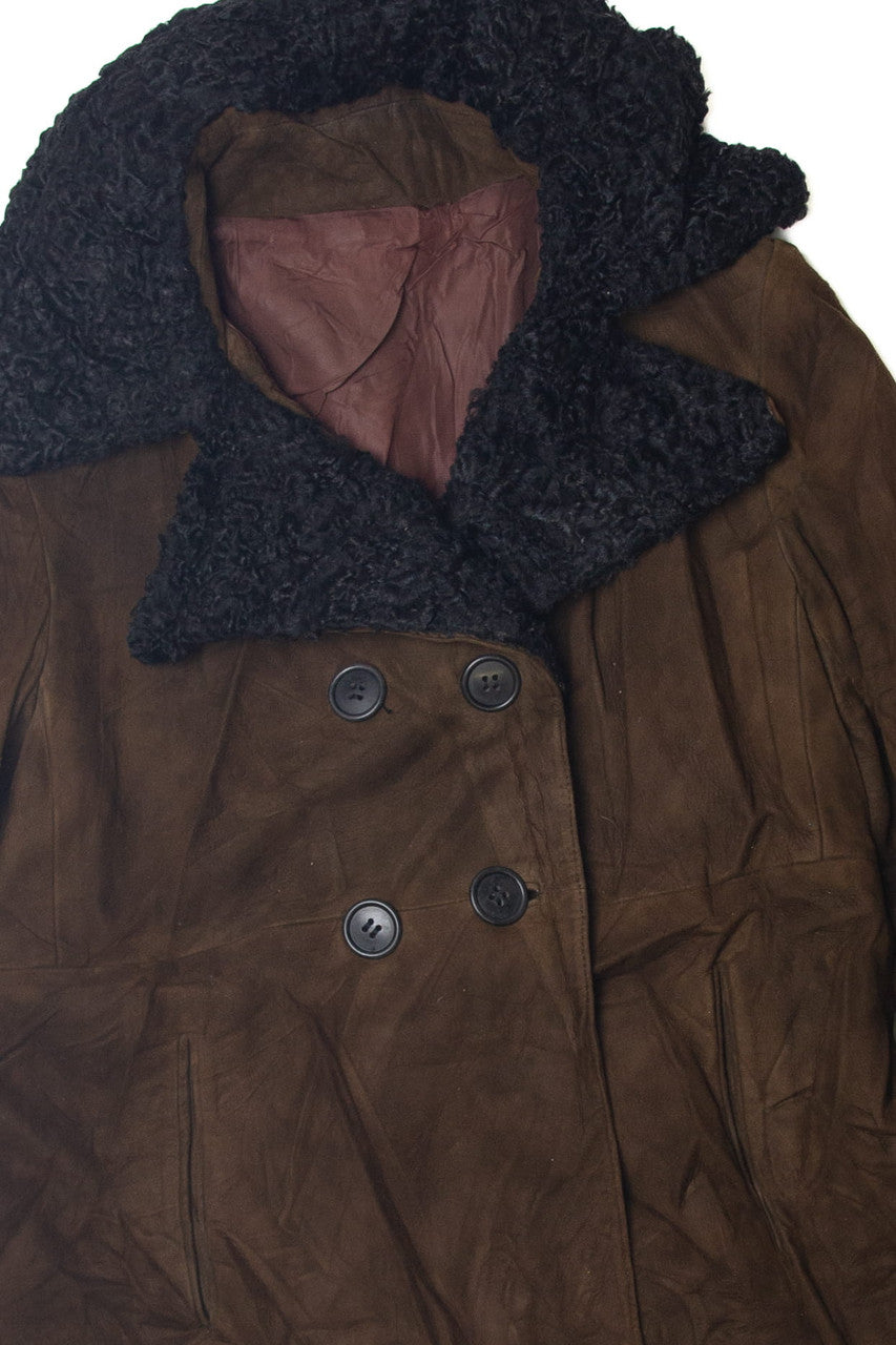 Vintage Anne Klein Faux Fur Trim Leather Coat