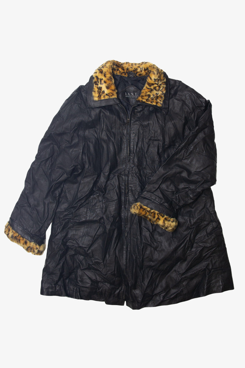 Vintage Direct Action New York Leopard Print Fur Trim Leather Coat