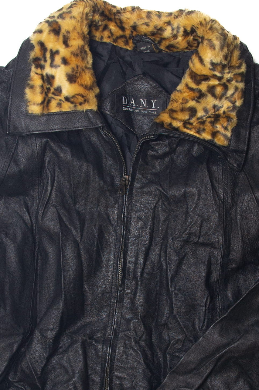 Vintage Direct Action New York Leopard Print Fur Trim Leather Coat