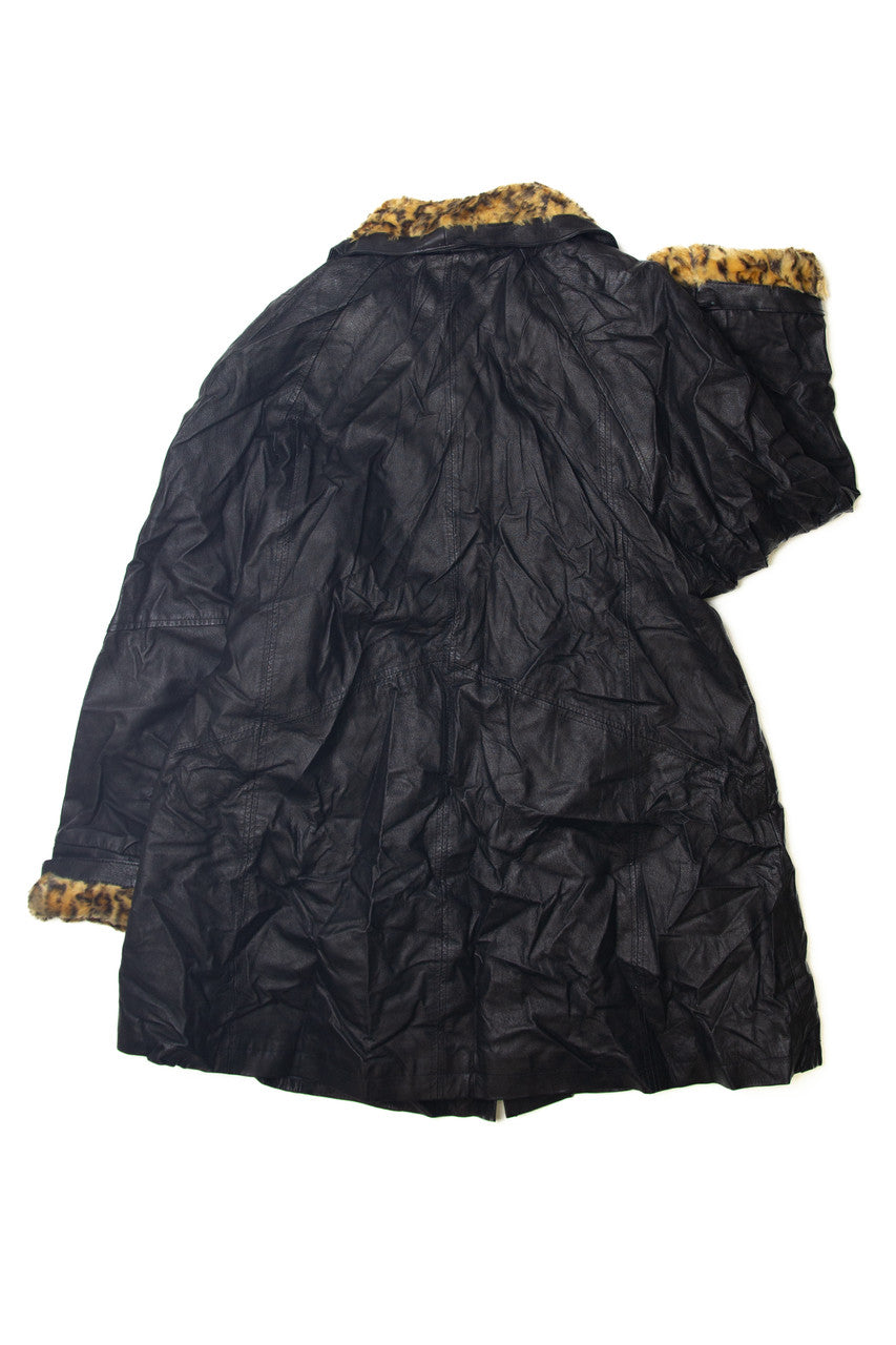 Vintage Direct Action New York Leopard Print Fur Trim Leather Coat