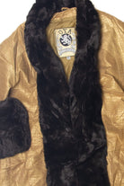 Vintage OTA Faux Fur trim Animal Embossed Metallic Bronze Leather Swing Coat