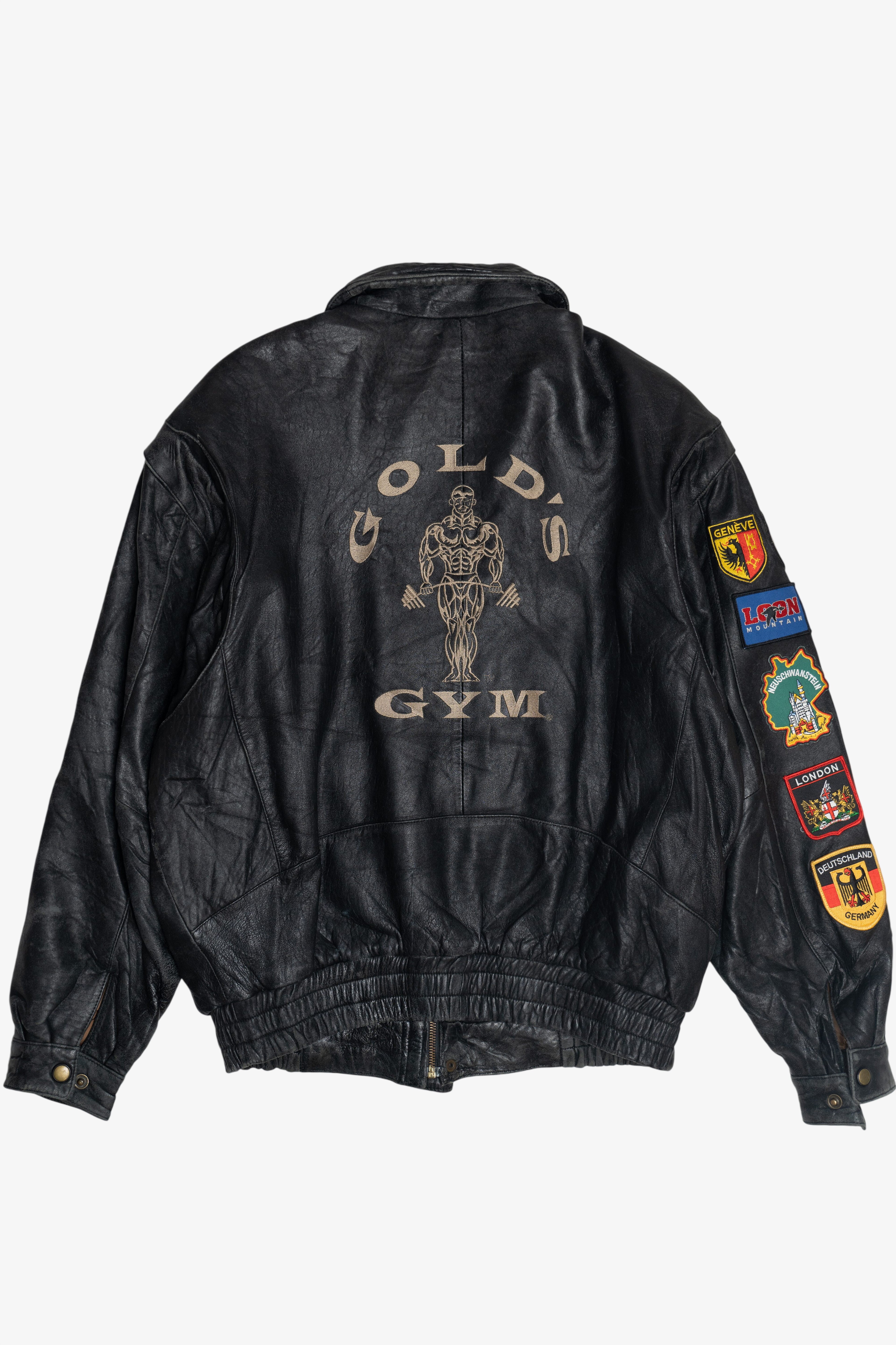 Vintage Distressed Gold's Gym Embroidered Leather Jacket With Car & Travel Patches (1990s)