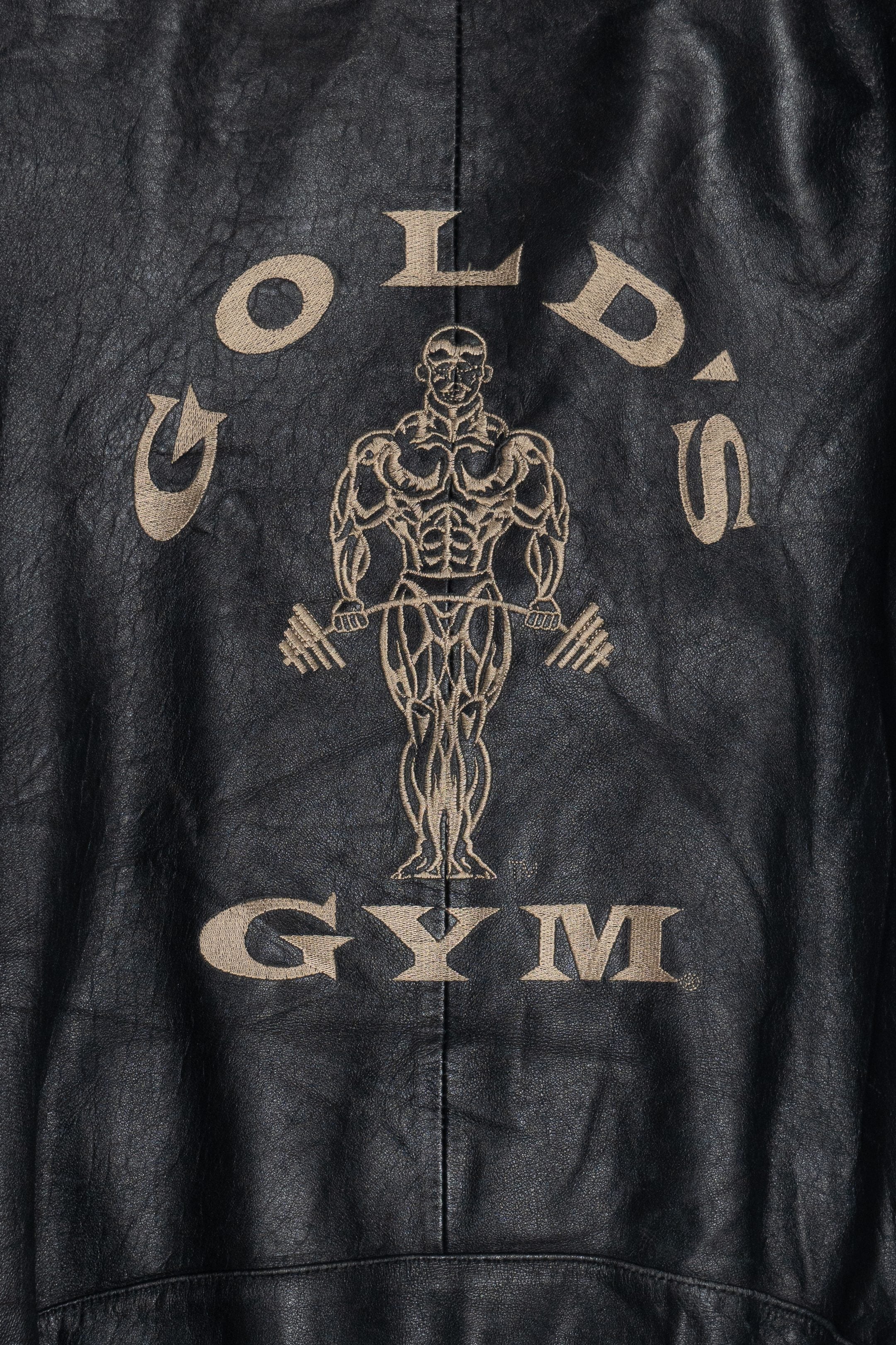 Vintage Distressed Gold's Gym Embroidered Leather Jacket With Car